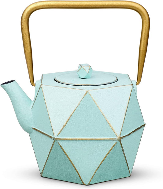 Toptier Cast Iron Teapot, Stovetop Safe Japanese Cast Iron Tea Kettle, Diamond Design Tea Pot with Removable Infuser for Loose Tea, 30 Ounce (900 ml), Light Green