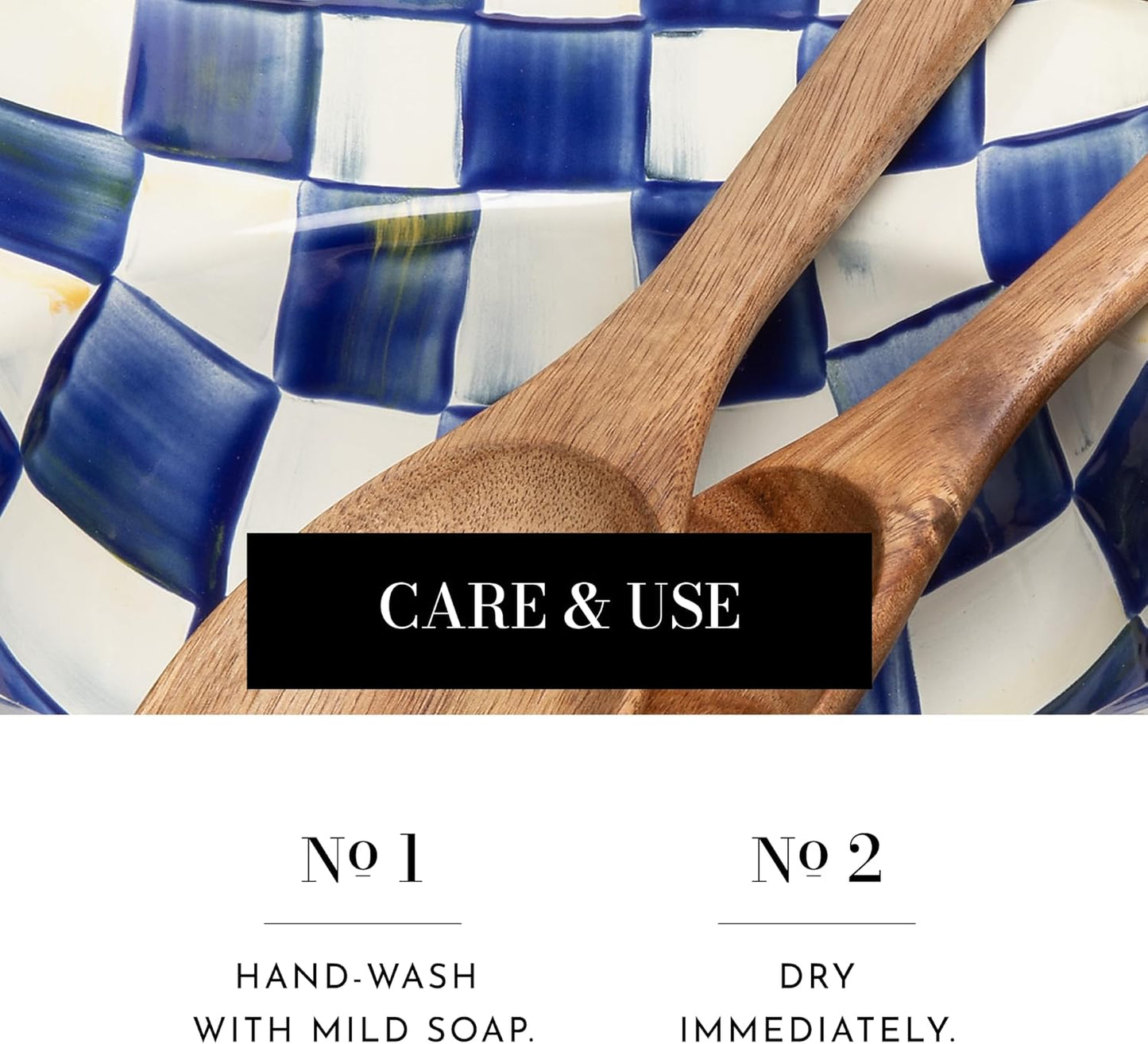 MACKENZIE-CHILDS Enamel Salad Serving Set, Enamel Bowl and Wooden Salad Servers, Decorative Kitchen Set, Blue-and-White Royal Check