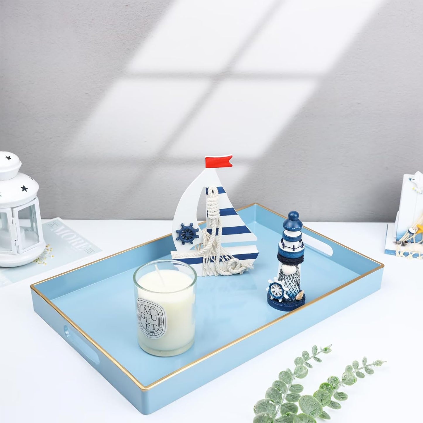 Spsyrine Blue Decorative Serving Tray with Handles, Elegant Plastic Coffee Table Tray for Ottoman, Living Room, Home Decor 15.6" X 10.2" Light Blue