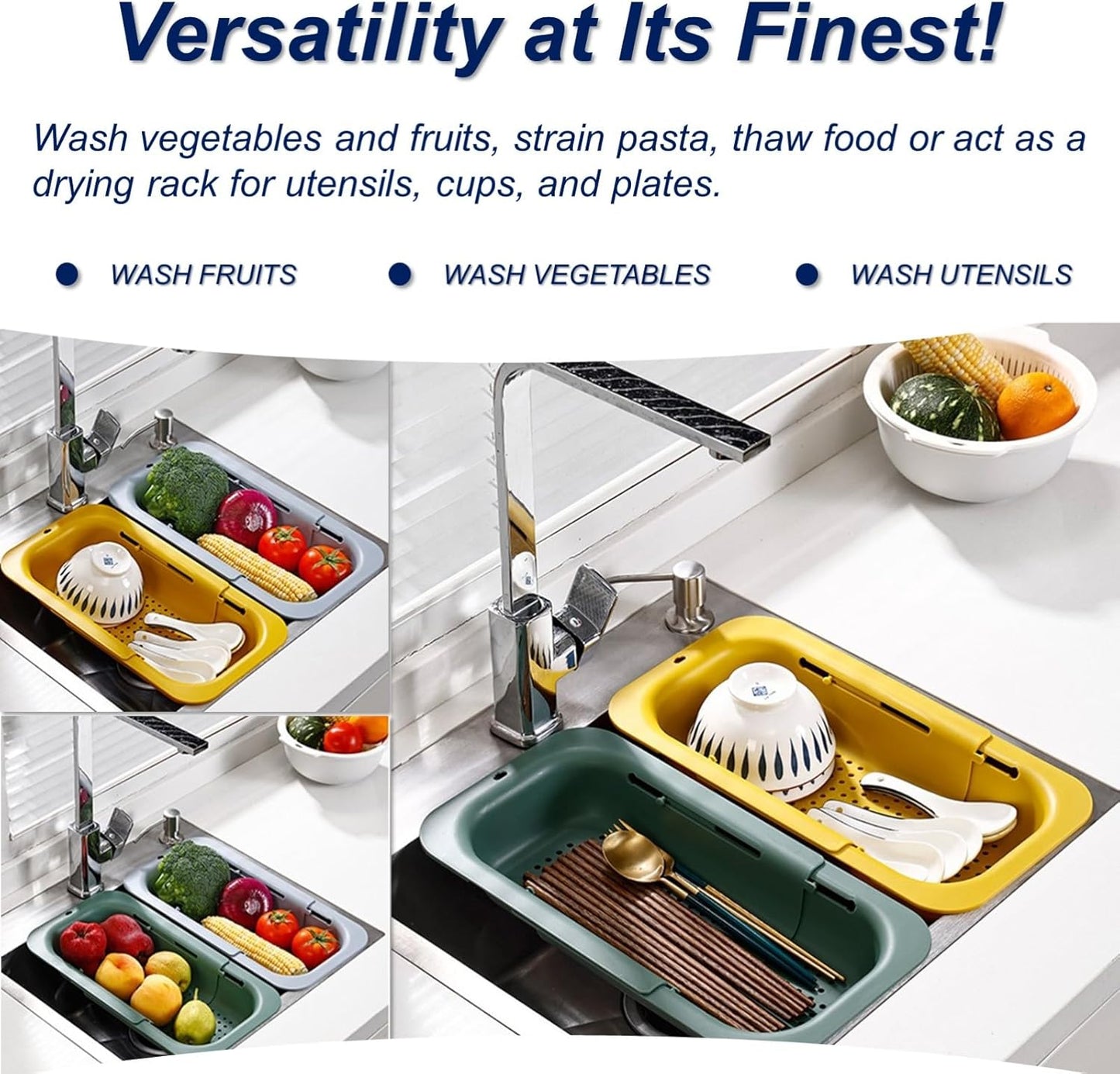 Extendable Sink Colander Strainer Basket - Wash Vegetables and Fruits, Drain Cooked Pasta and Dry Dishes - Adjustable Over the Sink Colander Collapsible Drainer Basket -Gray