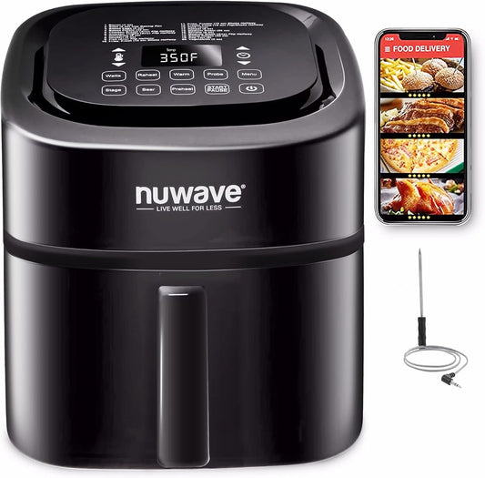Nuwave Brio 8-Qt Air Fryer, Powerful 1800W, Easy-to-Read Cool White Display, 50°-400°F Temp Controls, 100 Pre-Programmed Presets & 50 Memory Slots, Integrated Smart Thermometer, Linear T Technology