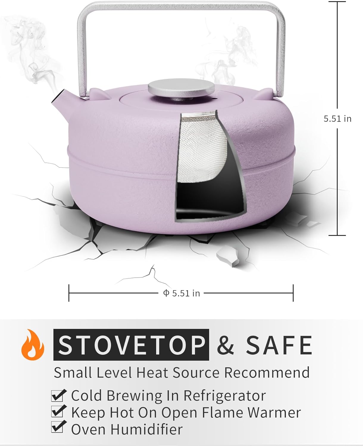 Toptier Teapot with Removable Infuser, Cast Iron Tea Kettle Stovetop Safe, Solid Geometry Cylinder Design Tea Pot Coated with Enameled Interior for 27 Ounce (800 ml), Purple