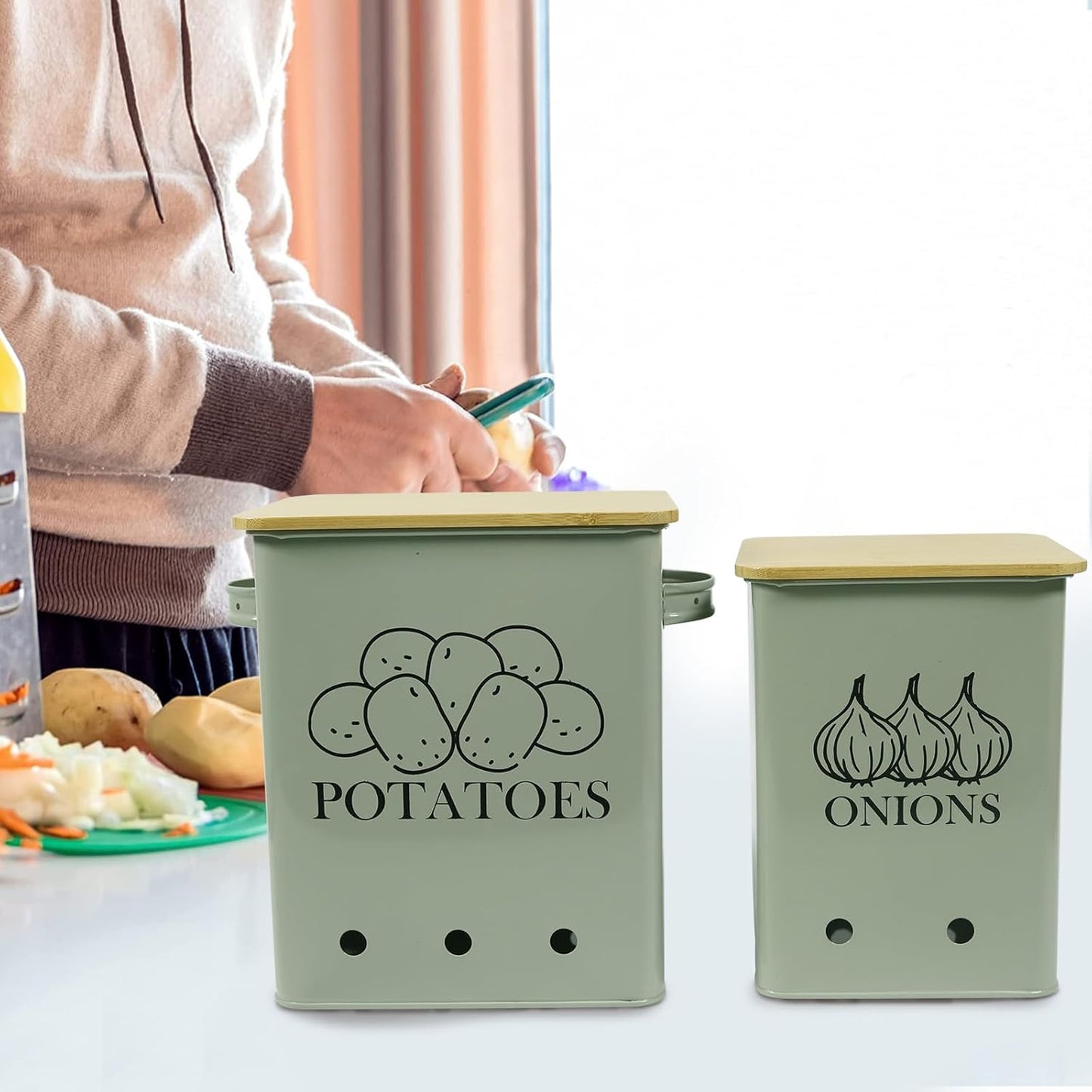 Kitchen Vegetable Storage Tins Set of 2 for Potatoes, Onion, with wooden lid Garlic Bin Caddy, Long Shelf Life-Grayish Green