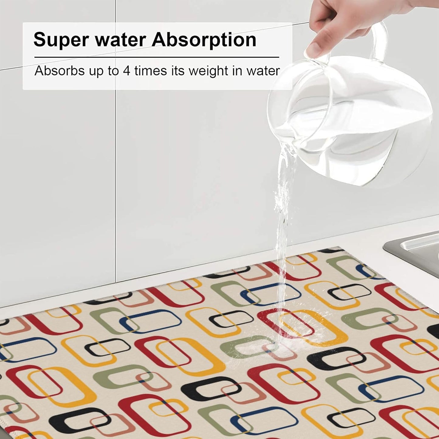 Mid Century Modern Retro Dish Drying Mat for Kitchen Counter Washable Absorbent Reversible Microfiber Vintage Decorative Drying Pad Kitchen Accessories 16x18 Inch