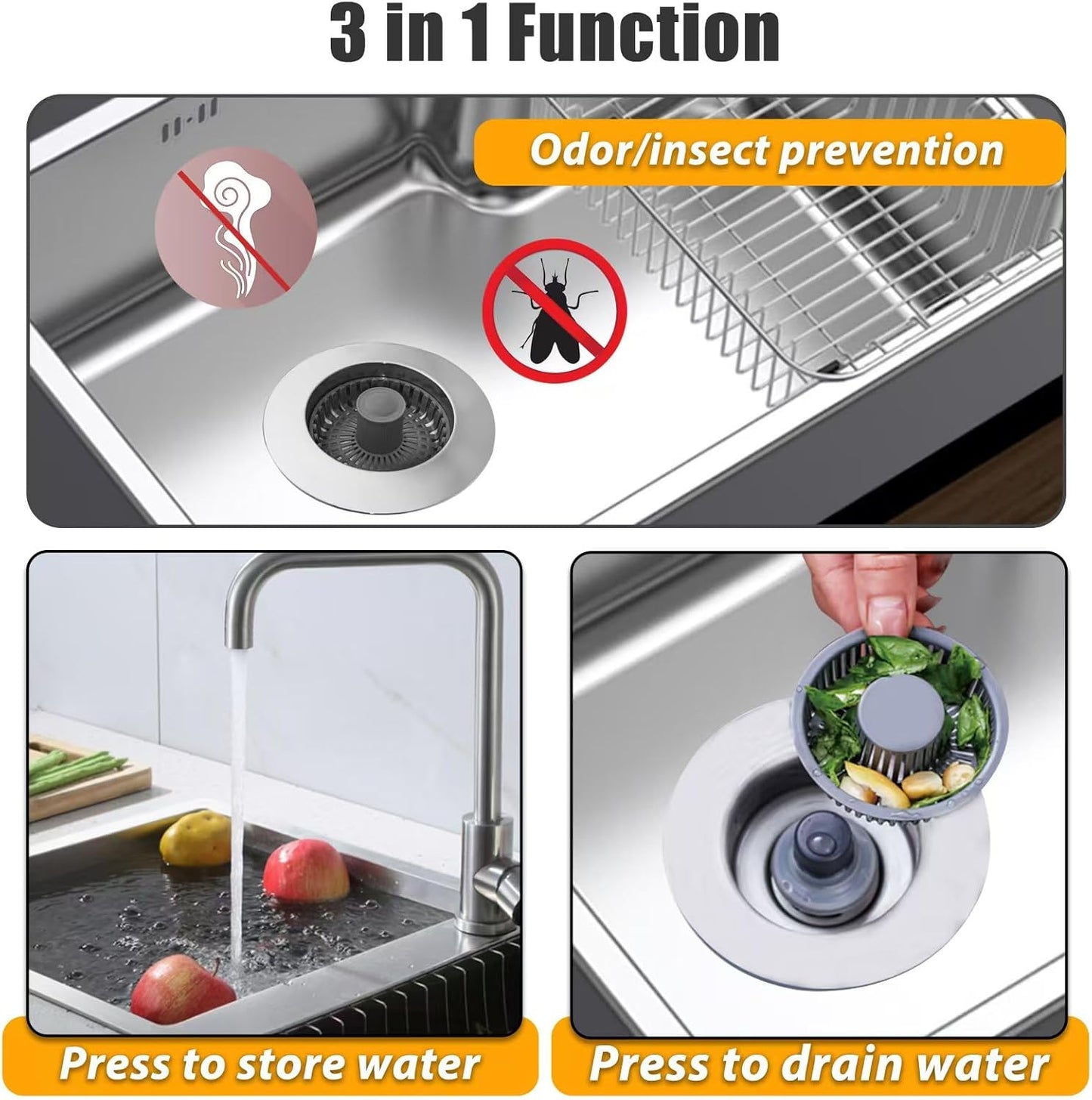 Kitchen Sink Drain Strainer, 3 in 1 Pop Up Kitchen Sink Stopper, with An Extra Basket Strainer, Universal for US Standard 3-1/2 Inch, Chrome Silver