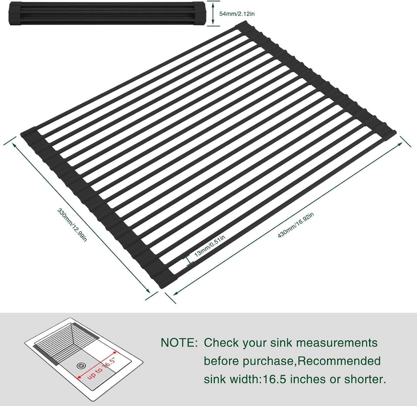 Roll Up Dish Drying Rack Over The Sink Kitchen Roll Up Sink Drying Rack Multipurpose Foldable Sink Drying Mat, Heat-Resistant, Anti-Slip & Anti-Rust Dish Rack for Kitchen, 17" x 13", Black
