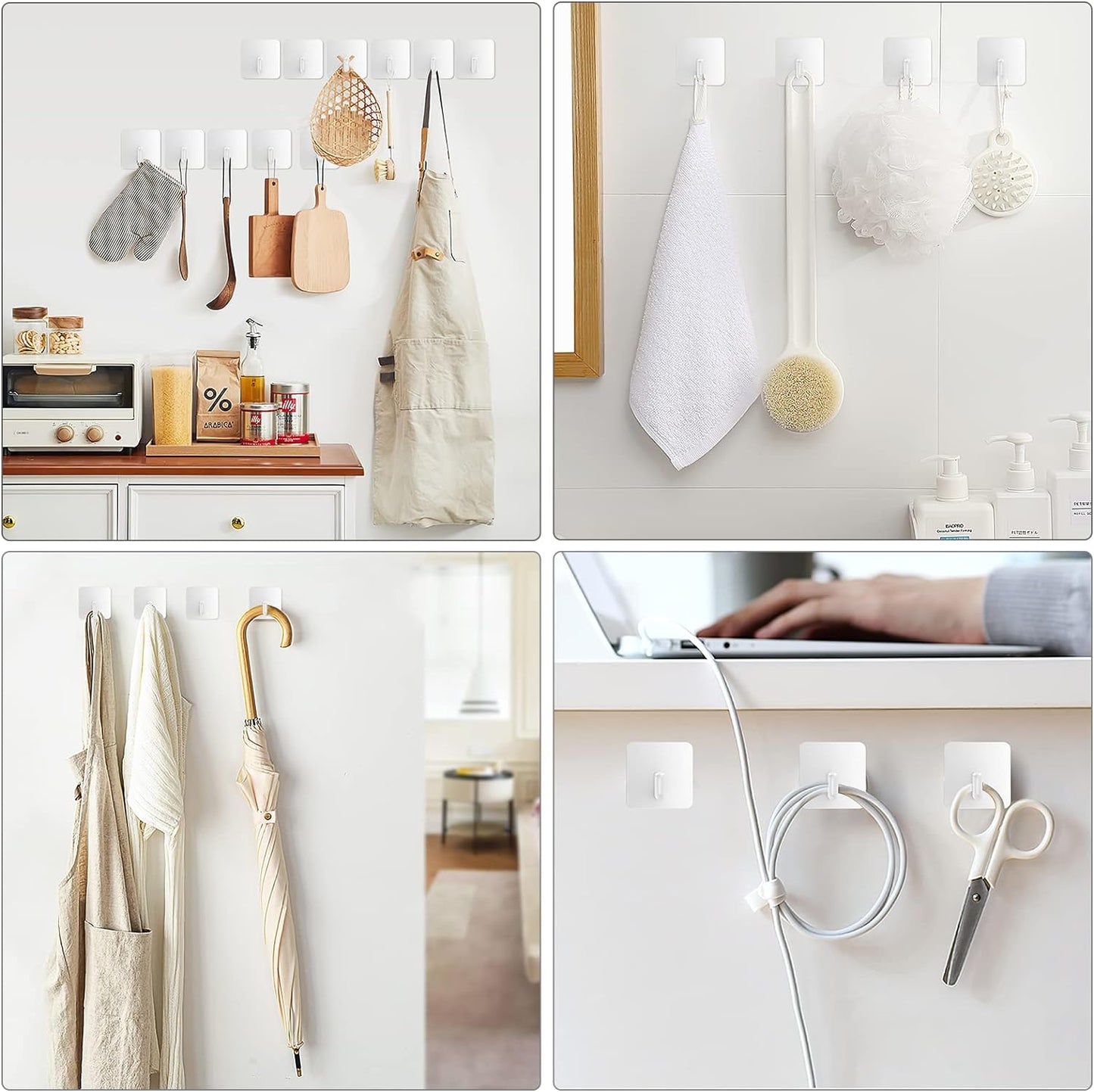 VIS'V Adhesive Hooks, Heavy Duty Shower Wall Stick on Hooks, Waterproof, 2 Extra Adhesive Strips, White, 4 Pcs