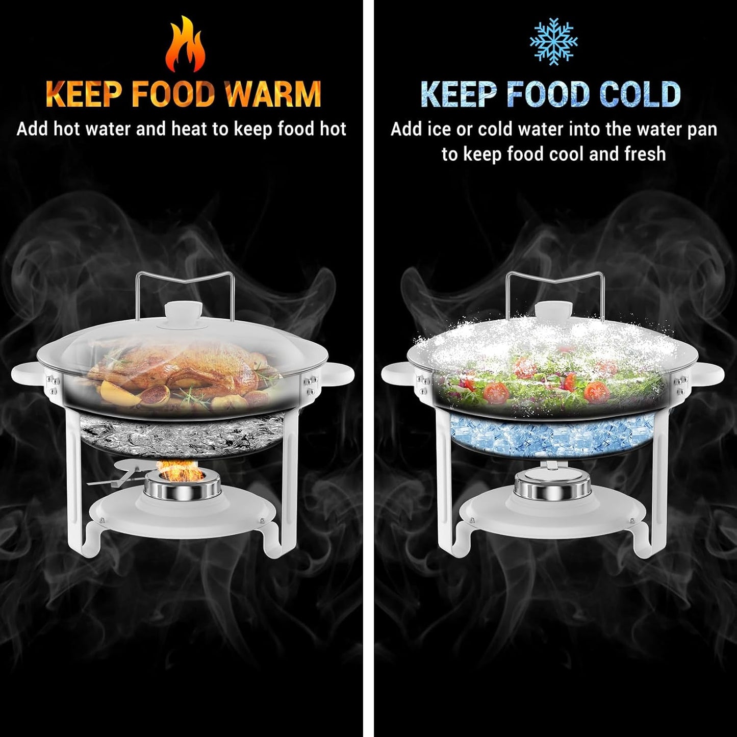 Round Chafing Dishes for Buffet 5 Qt,High Grade Chafing Dish Buffet Set, Full Size Pan,Rolled-Edge Design Food Warmers for Parties,Buffet,Wedding,Birthday,Camping 4 PACK (White)