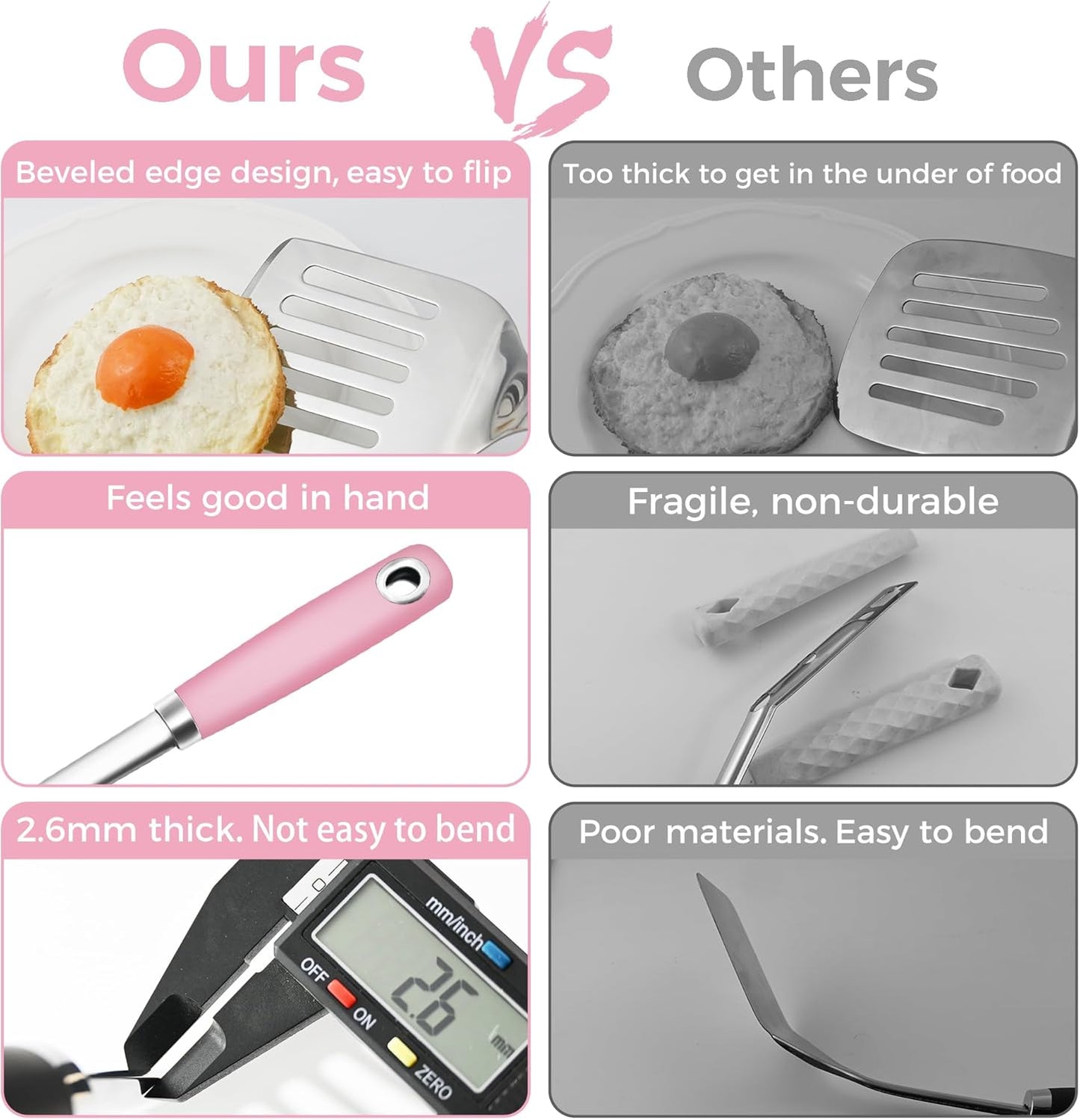 14.3-in Pink Spatula Set, 18/0 Stianless Steel Heavy Duty Turner & Slotted Spatula, Kitchen Cooking Utensils Set, High Heat Resistant, Grilling Frying Serving Food, Pack of 2