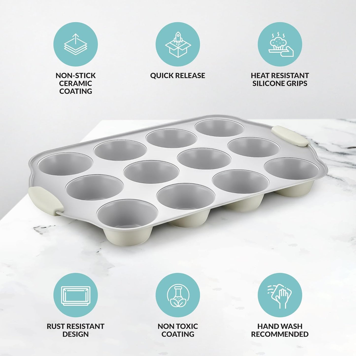 Boxiki Kitchen 12 Cups Ceramic Coated Muffin Pan for Baking - Durable Steel Frame Cupcake Pan w/Nonstick Surface - Professional Muffin Tray with Silicone Handles