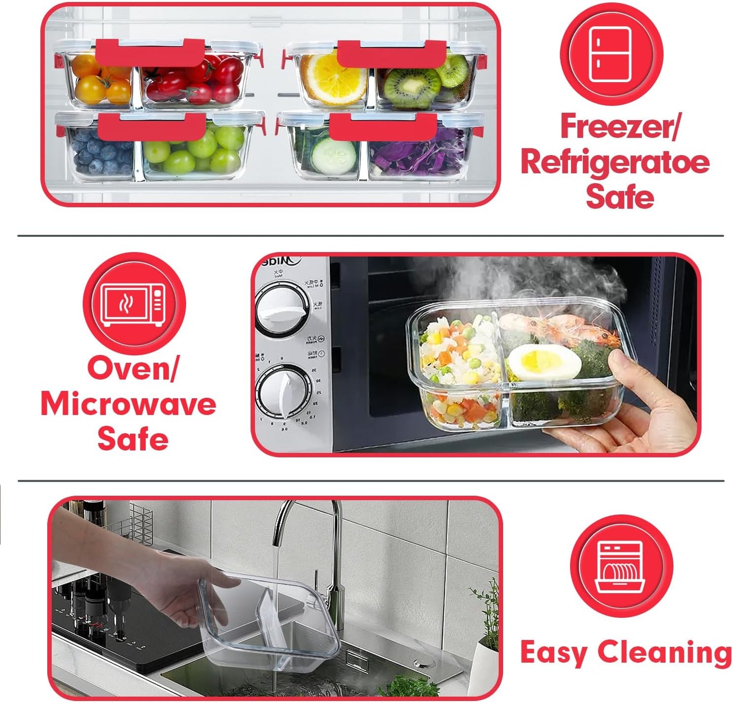 VERONES 10 Pack Glass Meal Prep Containers 2 Compartment Set, 36OZ Airtight Lunch Containers, Glass Food Storage Containers with Lids, for Microwave, Oven, Freezer & Dishwasher Friendly,Red