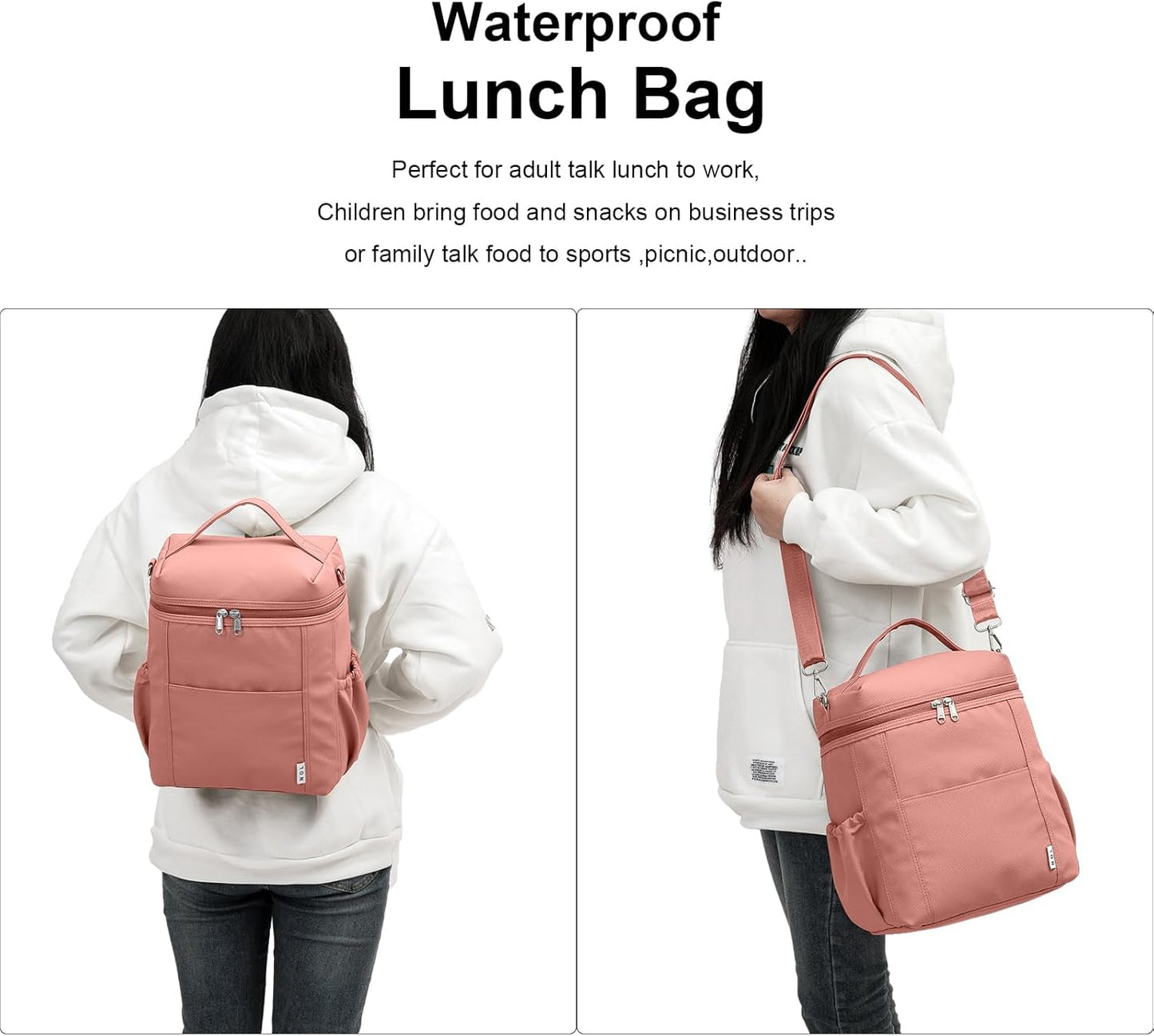 NOL Natural Organic Lifestyle Insulated Lunch Bags for Women Cooler Bag Lightweight Nylon Waterproof Lunch Box For Work (Dark Pink, Large)