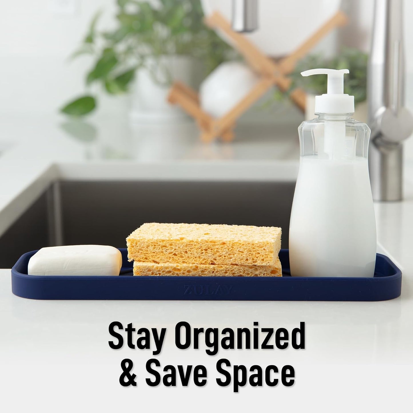 Zulay Kitchen Large Silicone Sponge Holder (12x4) – Flexible Sink Organizer Tray for Kitchen & Bathroom – Multipurpose Soap Dish for Sponges, Makeup, Trinkets & More (Dark Blue)