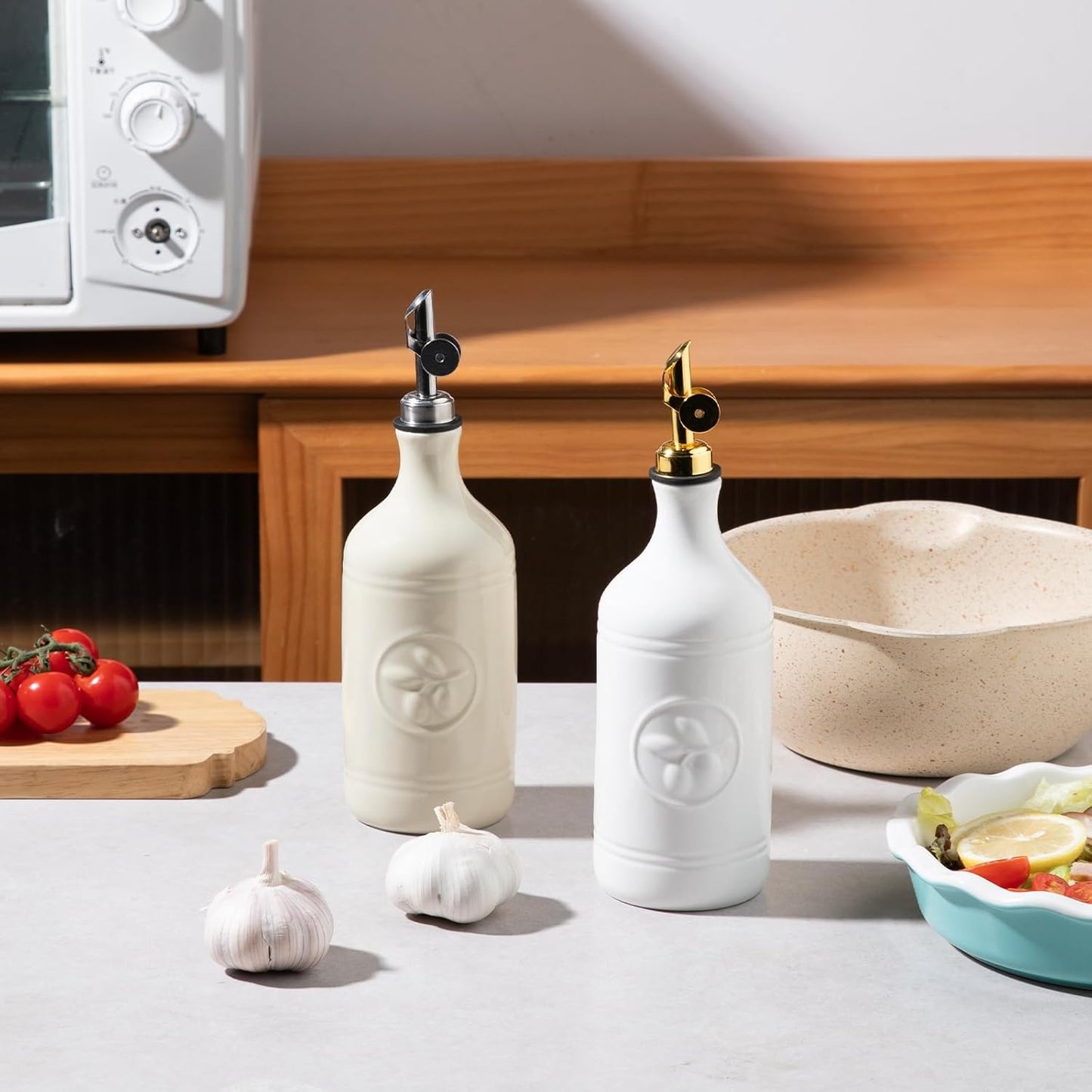 Sweejar 16 Oz Ceramic Olive Oil Dispenser Bottle, Oil Dispenser for Kitchen with Gravity Spout, Relief Opaque Oil Container for Evoo, Avocado Oil, Vinegar, Soy Sauce, 1 Pack(Beige, Gold Spout)