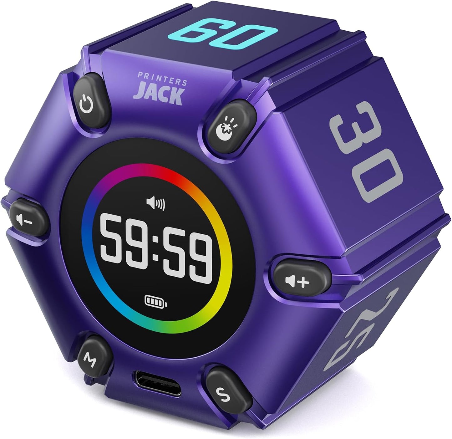 Printers Jack, Productivity Cube Timer, Visual Pomodoro Timer, Mute & Vibration & Adjustable Sound Alert, ADHD, for Office, Study, Work, 3/5/10/25/30/60min & Custom Countdown - Purple