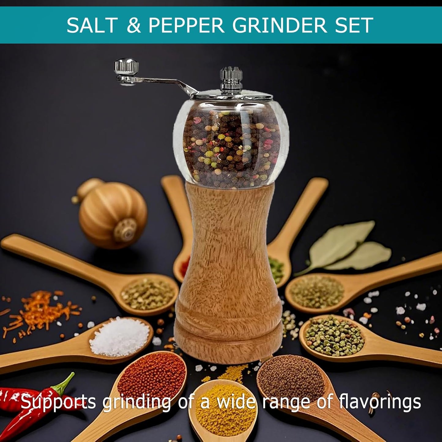 Pepper Mill Manual Pepper Grinder Set, Classical Hand Shake Wooden Pepper Mills Set Salt Mills Ceramic Core Grinding Metal Handle, Enjoy Fresh Ground Pepper Sea Salt Various Spices