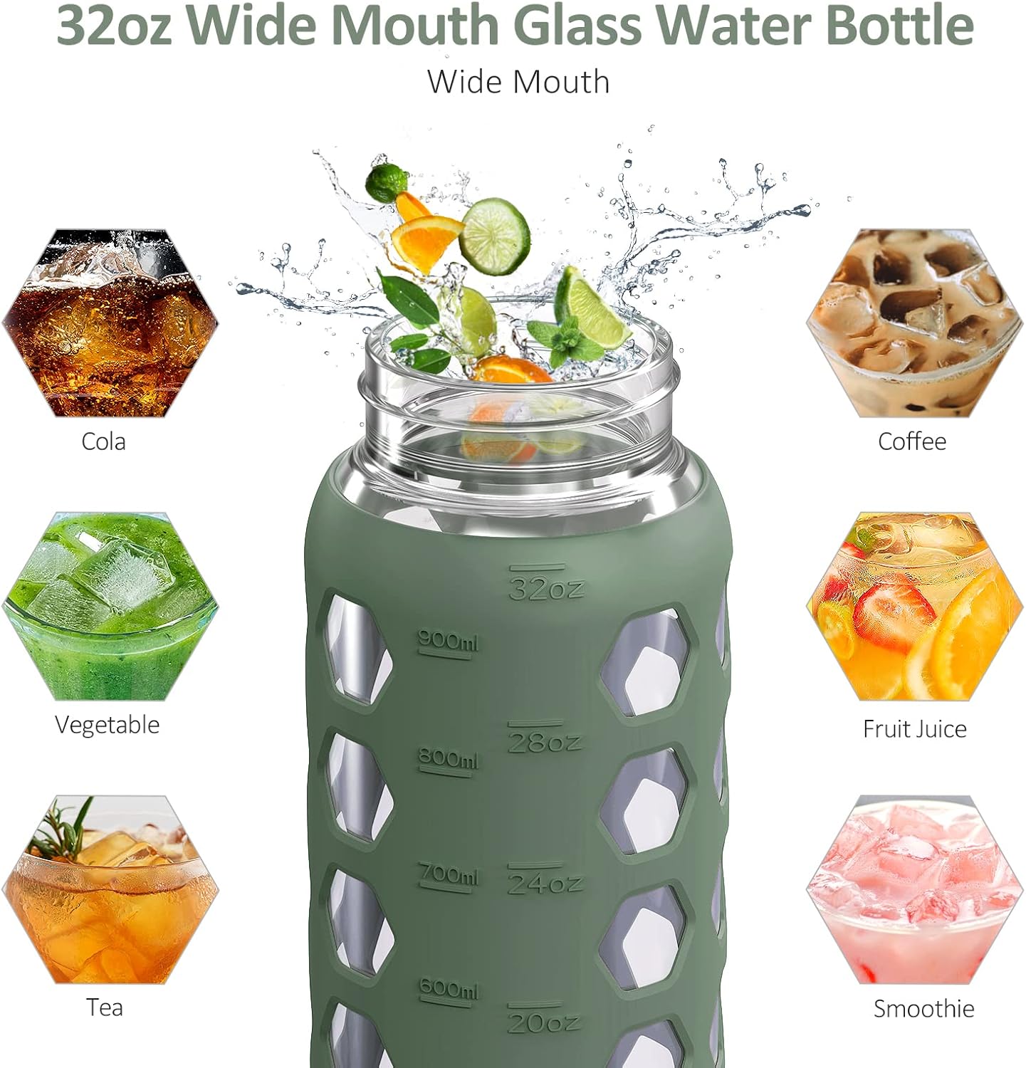 MUKOKO 32oz Glass Water Bottles with 2 Lids-Handle Spout Lid&Bamboo Straw Lid, Motivational Water Tumbler with Time Marker Reminder and Silicone Sleeve, Leakproof-Olive-1 Pack