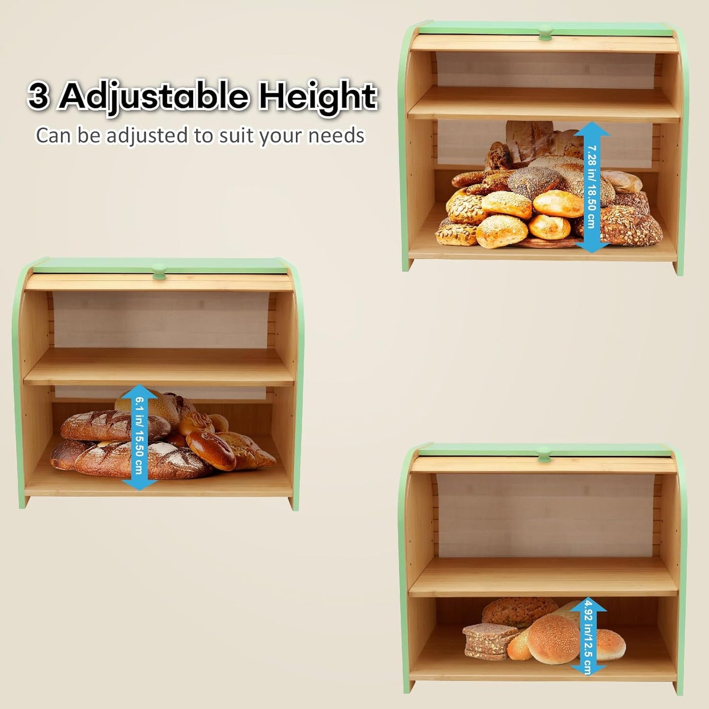 Bread Box for Kitchen Countertop, Double Layer Bamboo Bread Storage Container for Homemade Bread, Roll Top Bread Box with 3 Adjustable Height for Kitchen Counter, Cyan Breadbox Organizer