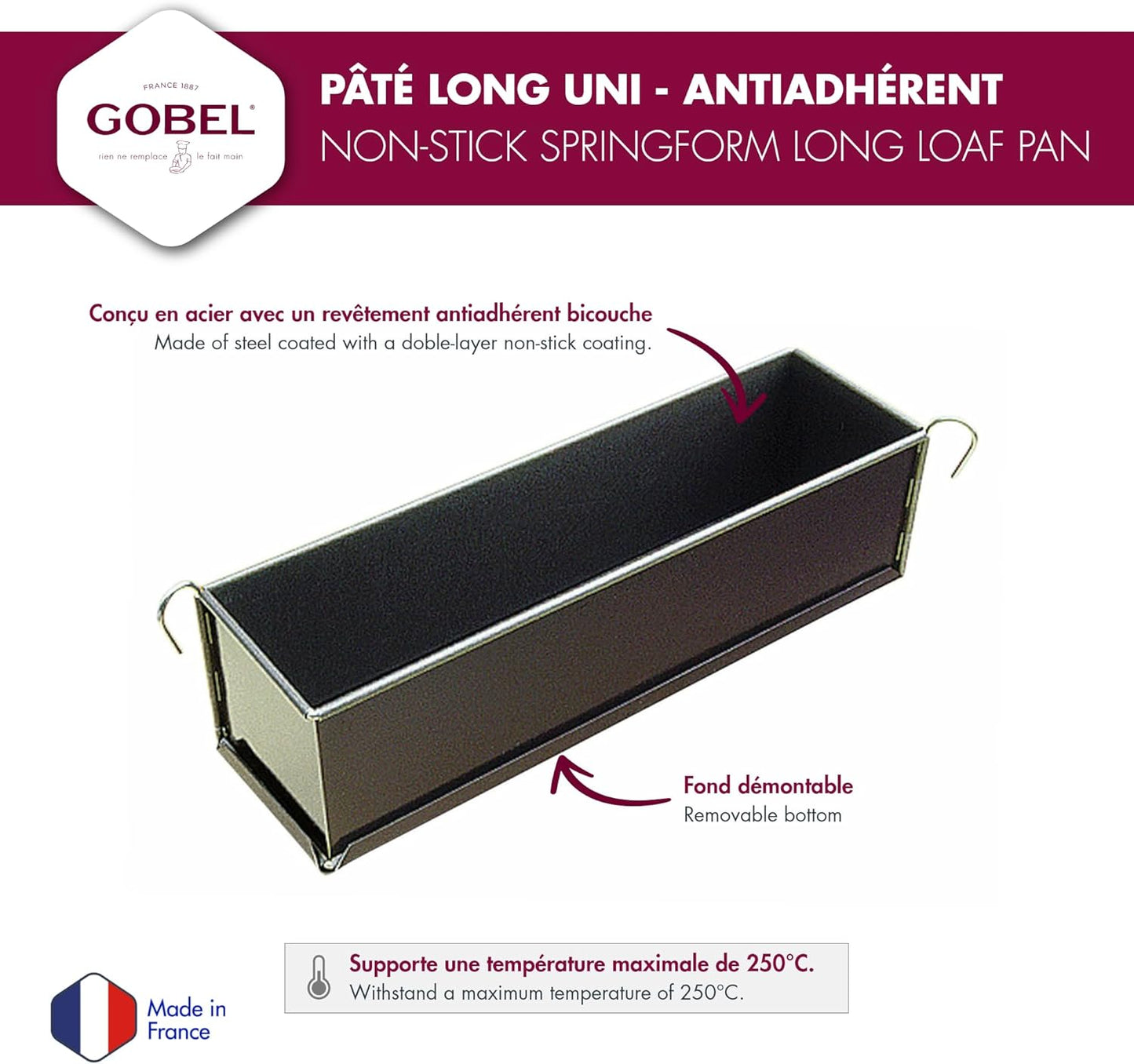 Gobel - Non-Stick Springform Pate and Long Loaf Pan - Removable Bottom - 15 3/4" x 3 1/8" x 3 1/8" - Made in France
