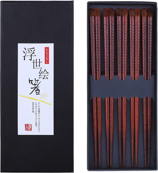 Antner 5 Pairs Hardwood Chopsticks Japanese Style Reusable Hand-Carved Chopsticks Natural Wood Chop Sticks with Gift Box, Dishwasher Safe