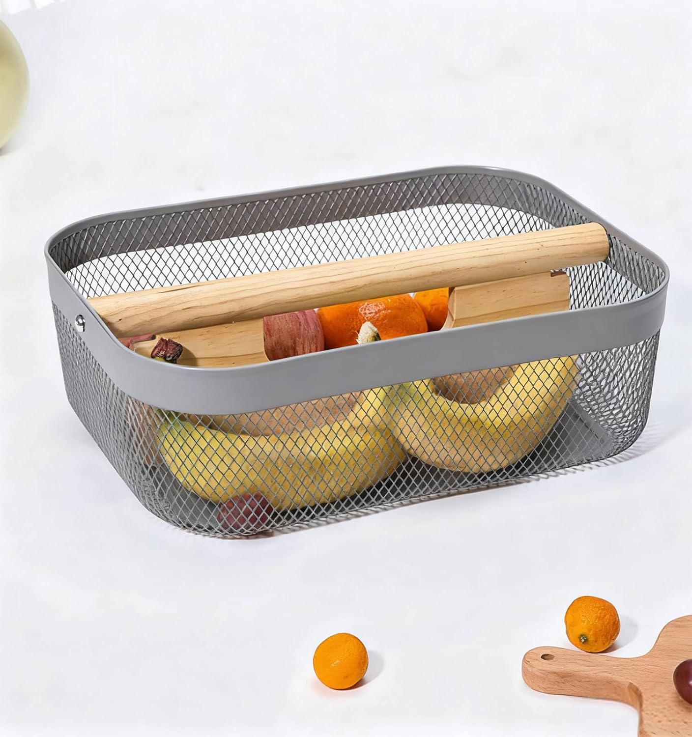 Metal Mesh Steel Storage Basket, Garden Harvest Wire Organizer Basket Multi-functional Kitchen Fruit Basket with Wooden Removable Partition & Handle for Bathroom Picnic Decor Cabinet, Grey