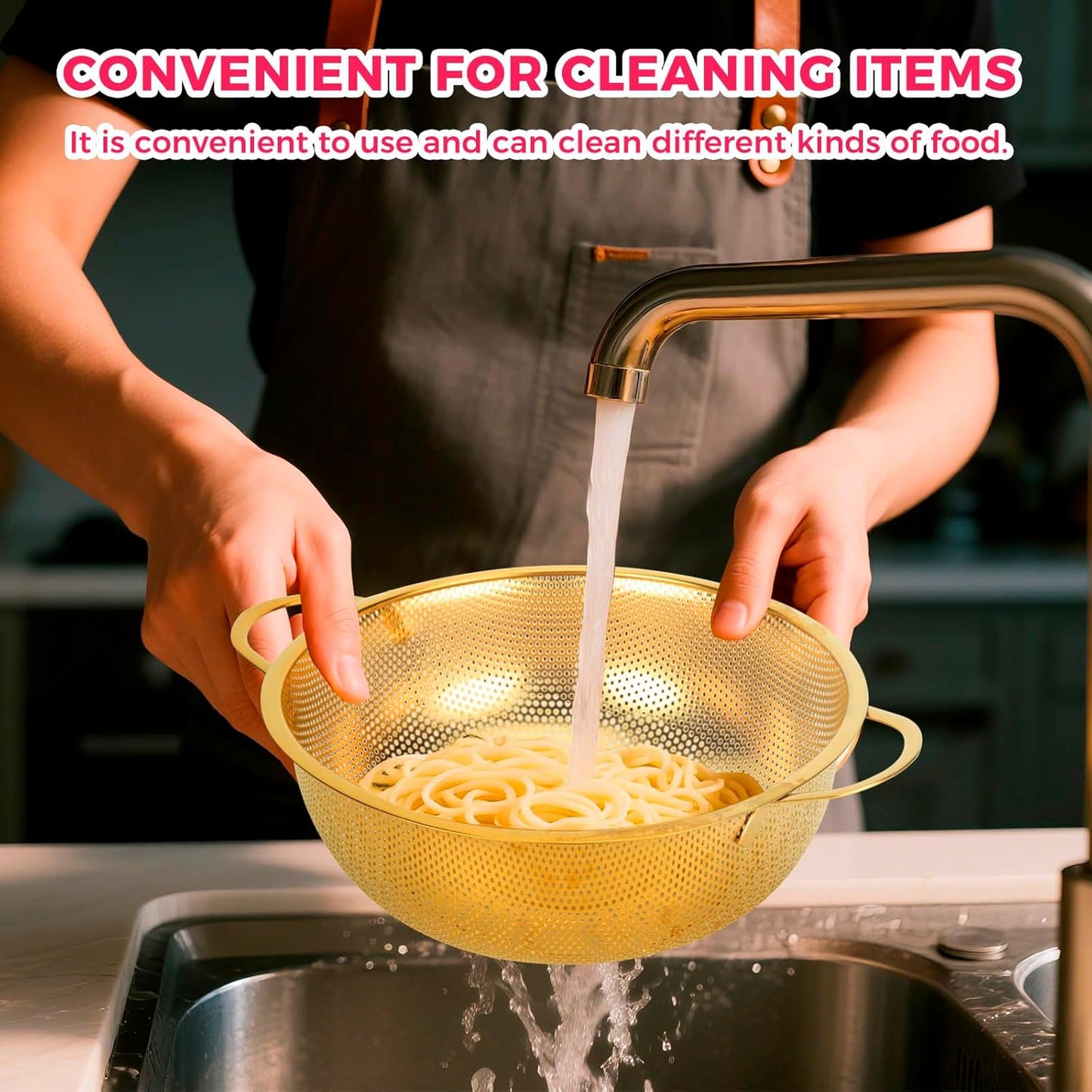 Snailhouse Colander, 3 Quart Kitchen Stainless Steel Metal Pasta Rice Food Colander Strainer Bowl with Handles and Legs for Draining Washing, Gold