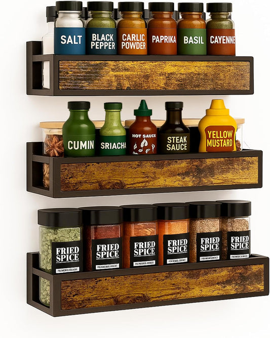 Spice Rack Wall Mount 3 Pack, Space-Saving Seasoning Organizer,Screw or Adhesive Hanging Spice Rack Organizer for Kitchen Cabinet and Wall (Engineered Wooden)
