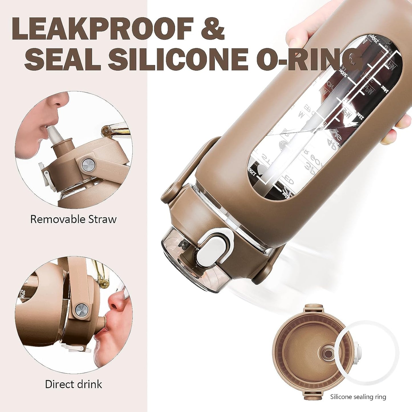 kytffu 56oz Glass Water Bottles with Straw, Motivational Glass Bottle with Silicone Sleeve and Time Marker, Leakproof Large Glass Water Jug for Gym Home Office,Amber