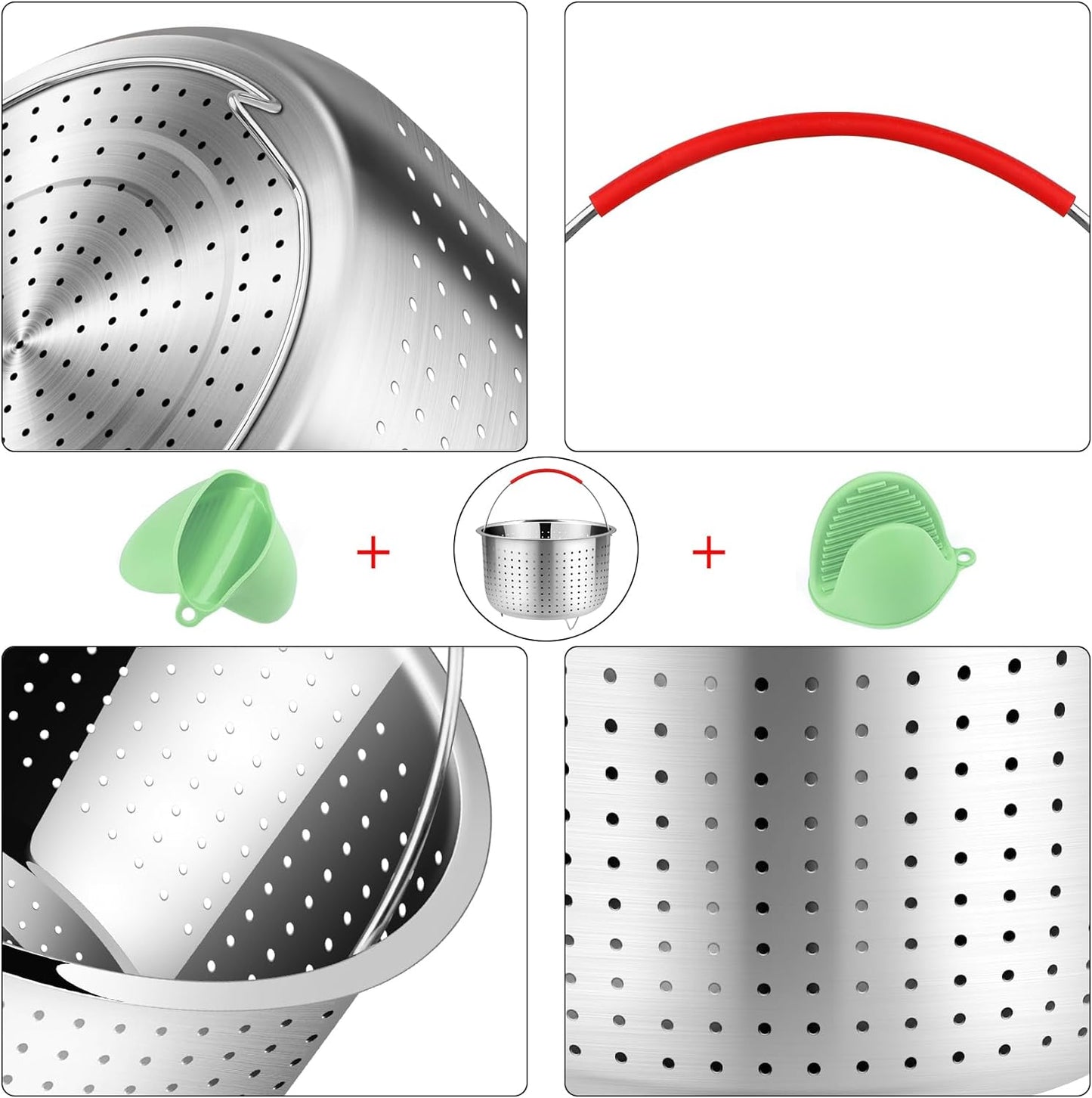 REDANT Mesh Strainer and Vegetable Steamer Basket for Pot, Instant Pot Accessories 8Qt, Stainless Steel Veggie Steamer for Cooking Broccoli, Eggs, Pasta, Quinoa - With 2 Silicone Gloves, 8 Quart