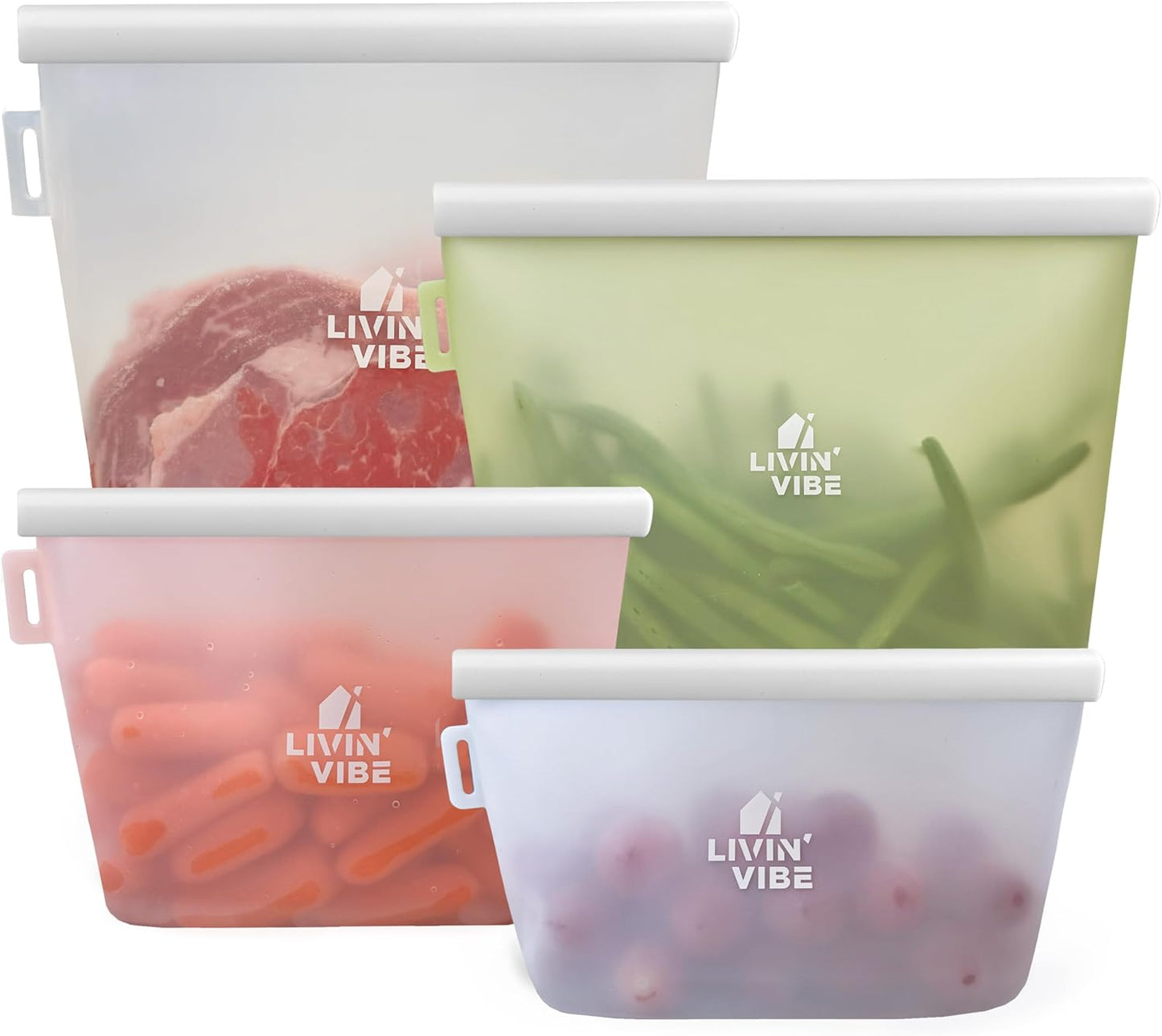 Reusable Silicone Food Storage Bags – Set of 4 Multicolor (500ml/17oz, 1000ml/34oz, 1500ml/51oz, 2000ml/68oz) – Leakproof, Freezer, Microwave, Oven & Dishwasher Safe, BPA-Free