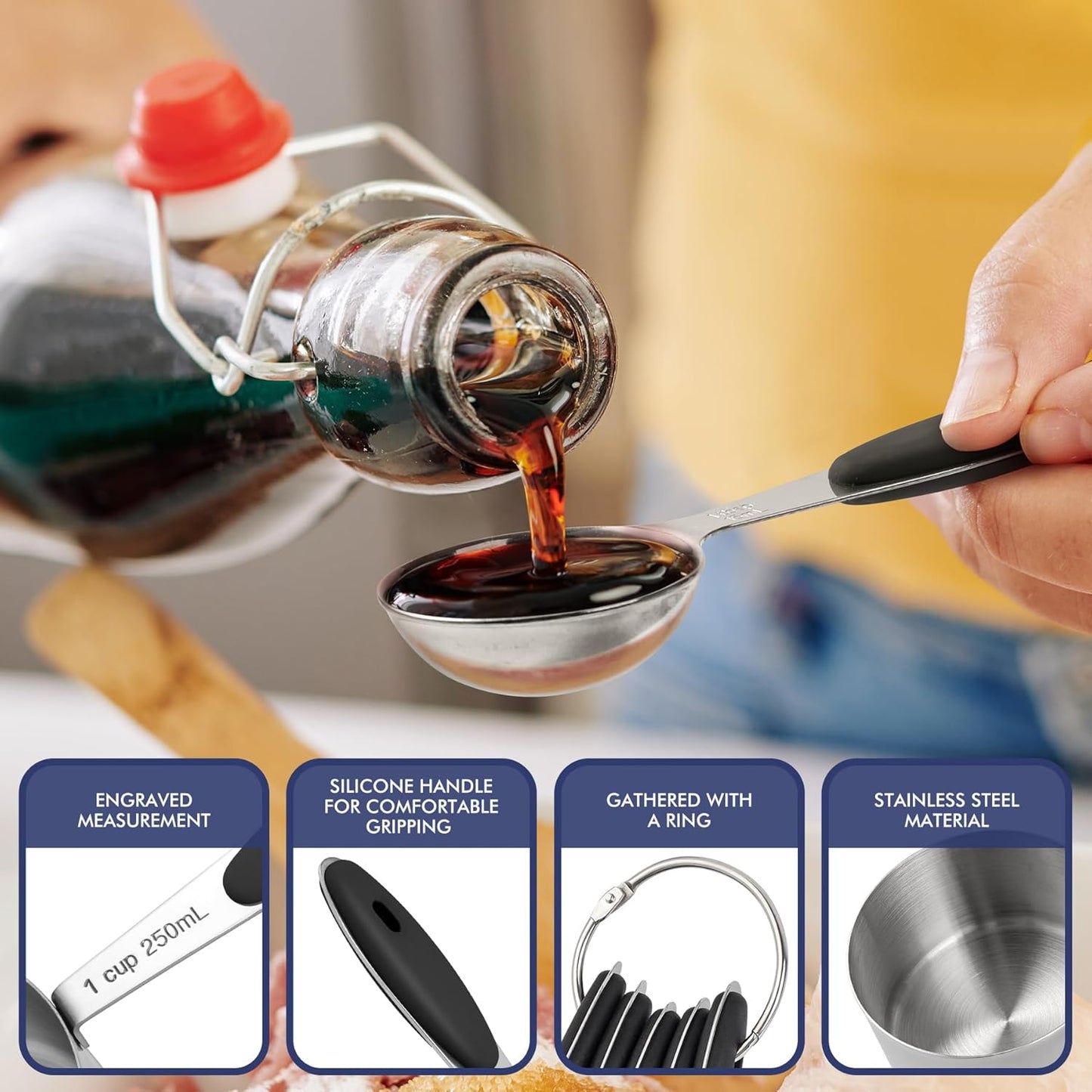 HOTEC 10-PACK Measuring Cups and Spoons Set, Kitchen Gadagets Cooking Baking,Heavy Duty & Dishwasher Safe for Dry and Liquid Ingredients,Black