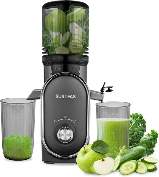 SUSTEAS Cold Press Juicer, 5.3" Feed Chute(50oz Capacity), 300 Watt Slow Masticating Juice Extractor for Whole Fruits and Vegetables, Automatic Feed, Easy to Clean, High Juice Yield,Silver gray