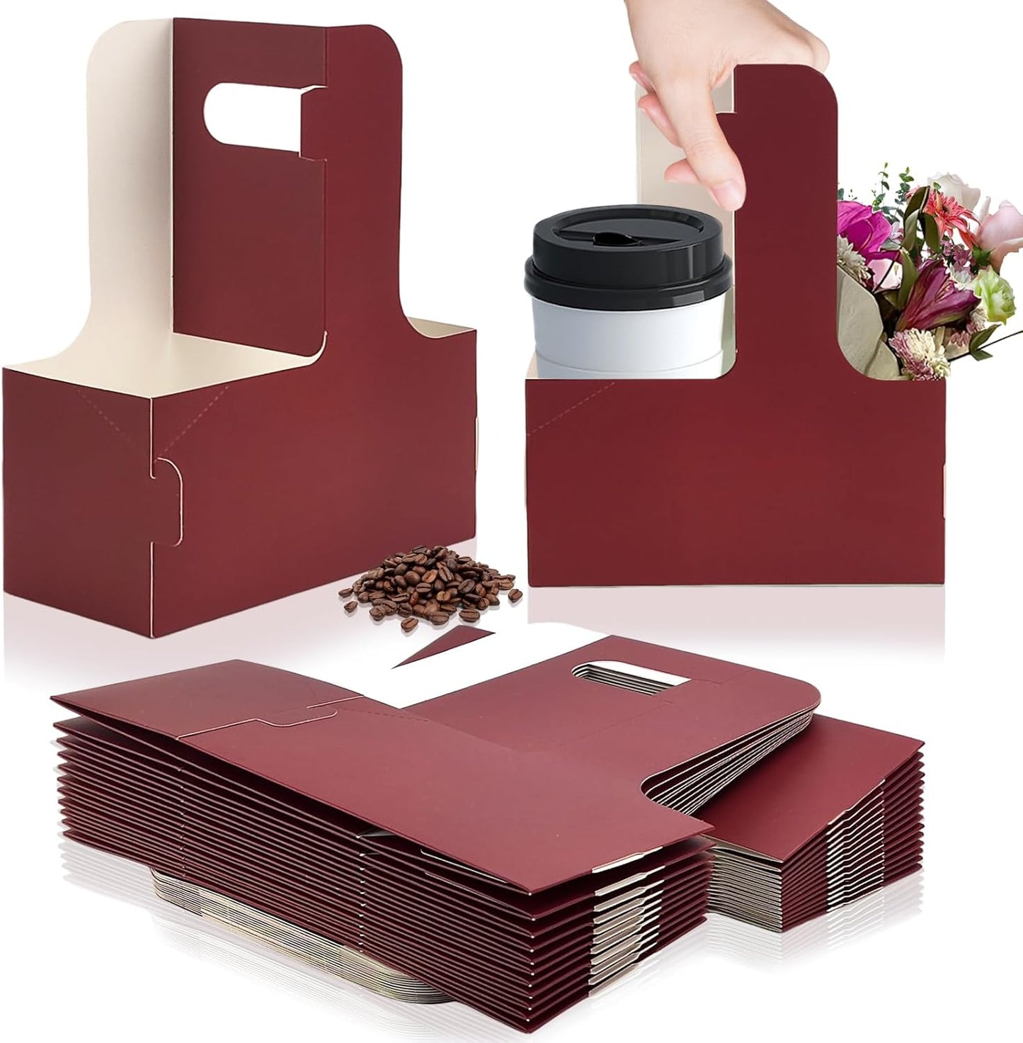 2 Cup Disposable Drink Carrier for Delivery with Handle,30 Count Red Paperboard Cup Holder,Cup Carriers for Hot or Cold Drinks,Coffee Carrier, Food Delivery,Take Out Cup Carriers (Wine Red, 30 PCs)
