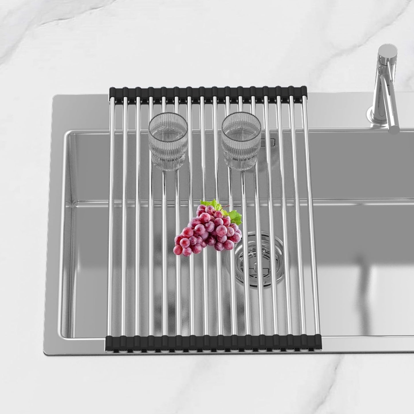 BBXTYLY Extra Expandable Roll Up Dish Drying Rack,Over The Sink Drying Rack Sink Cover Kitchen Sink Accessories Kitchen Rolling up Stainless Steel Drainer, Foldable,Rollable（Black，22.8''-12.4''）