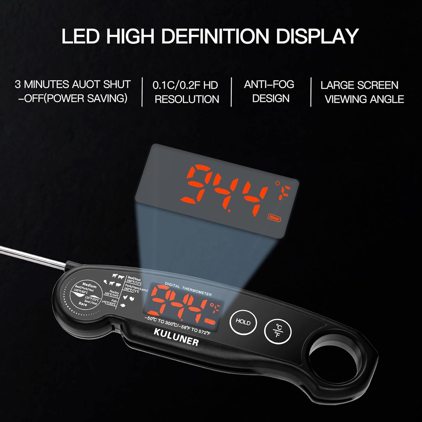 KULUNER 1-Second Rapid and Accurate Meat Thermometer - Waterproof Multifunctional Kitchen Food Thermometer, Ideal for Frying, Smoking, Grilling and More (Black)