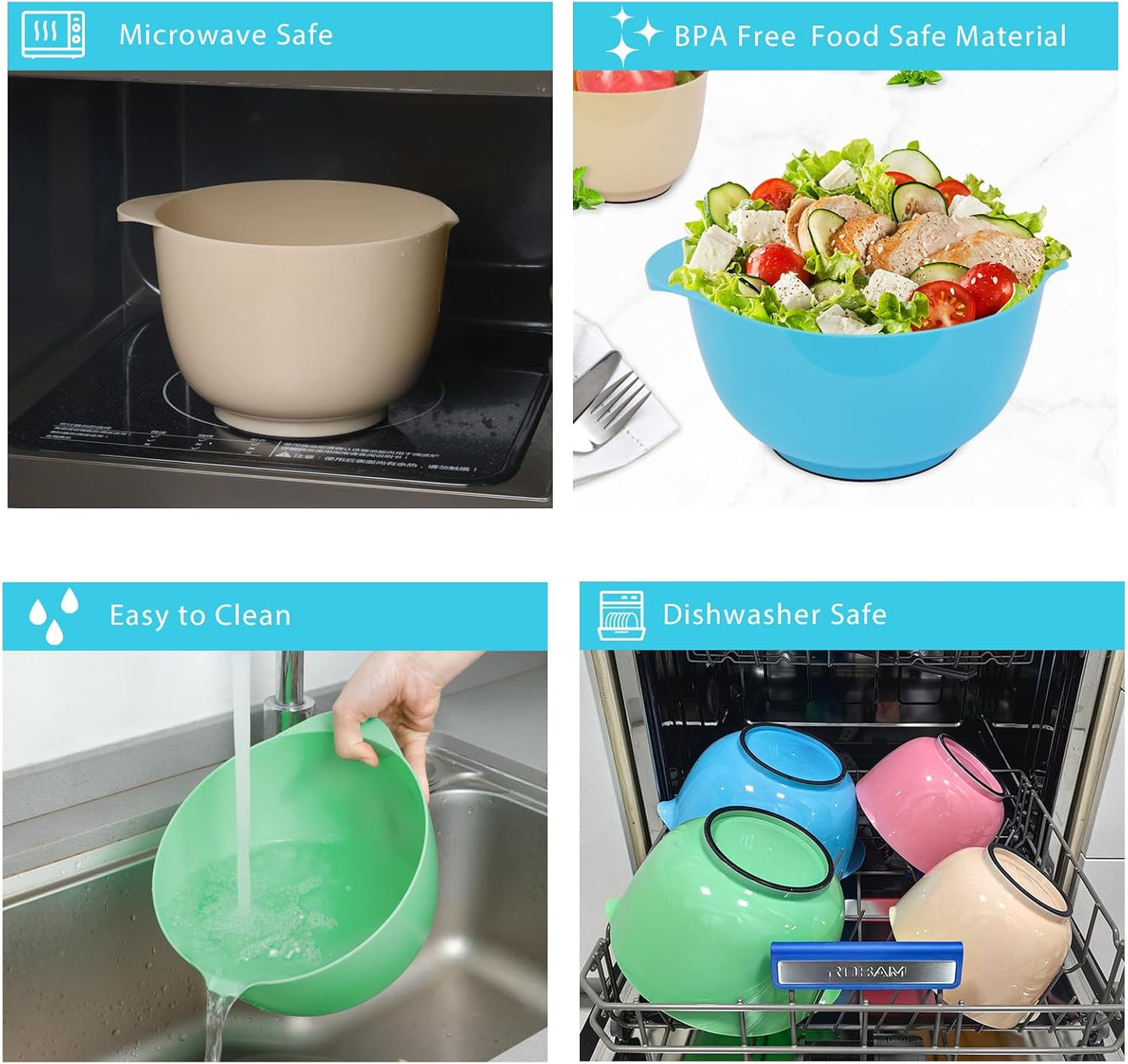 BoxedHome Classic Mixing Bowl Set, BPA Free Plastic, Microwave and Dishwasher Safe, 4.5 quarts (Pink/Cyan)