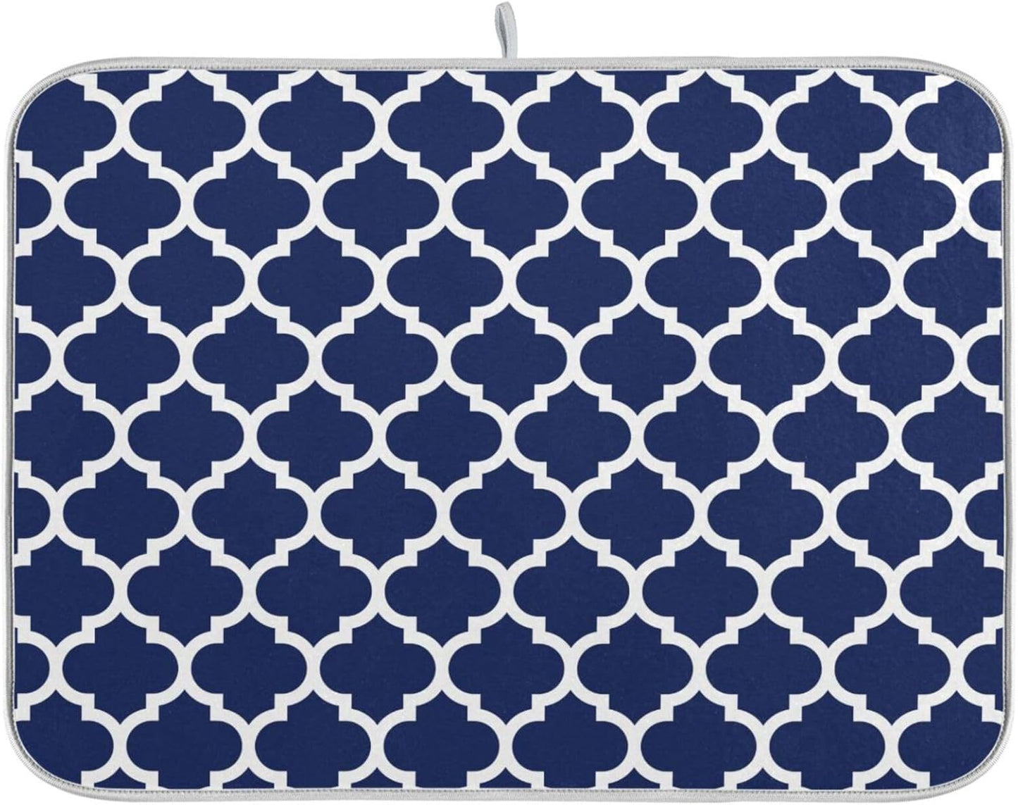 Navy Blue Trellis Lattice Dish Drying Mat for Kitchen Counter Absorbent Microfiber Drying Pad, Medium 16x18 in, Reversible Drainer Mats