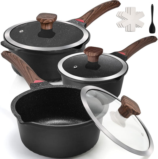 VINCHEF Sauce Pan Set with Lid 10PCS, 2QT+3QT+4QT Non Stick Sauce Pots Cooking Induction Pot set, Silicone Tools and Pot Protectors, PFAS and PFOA Free Black