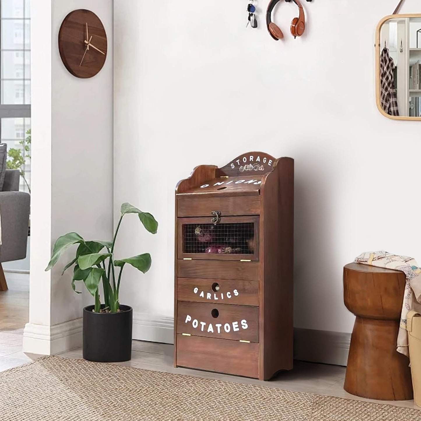 ARTAWEIN Pine Wood Veggie Bin for Potato, Onion and 1 Garlic Drawer Vegetable Box for Kitchen Storage, Solid Wood Vegetable Bin 13.77" L X 7.1" W X 29.3" H (Rustic Walnut)