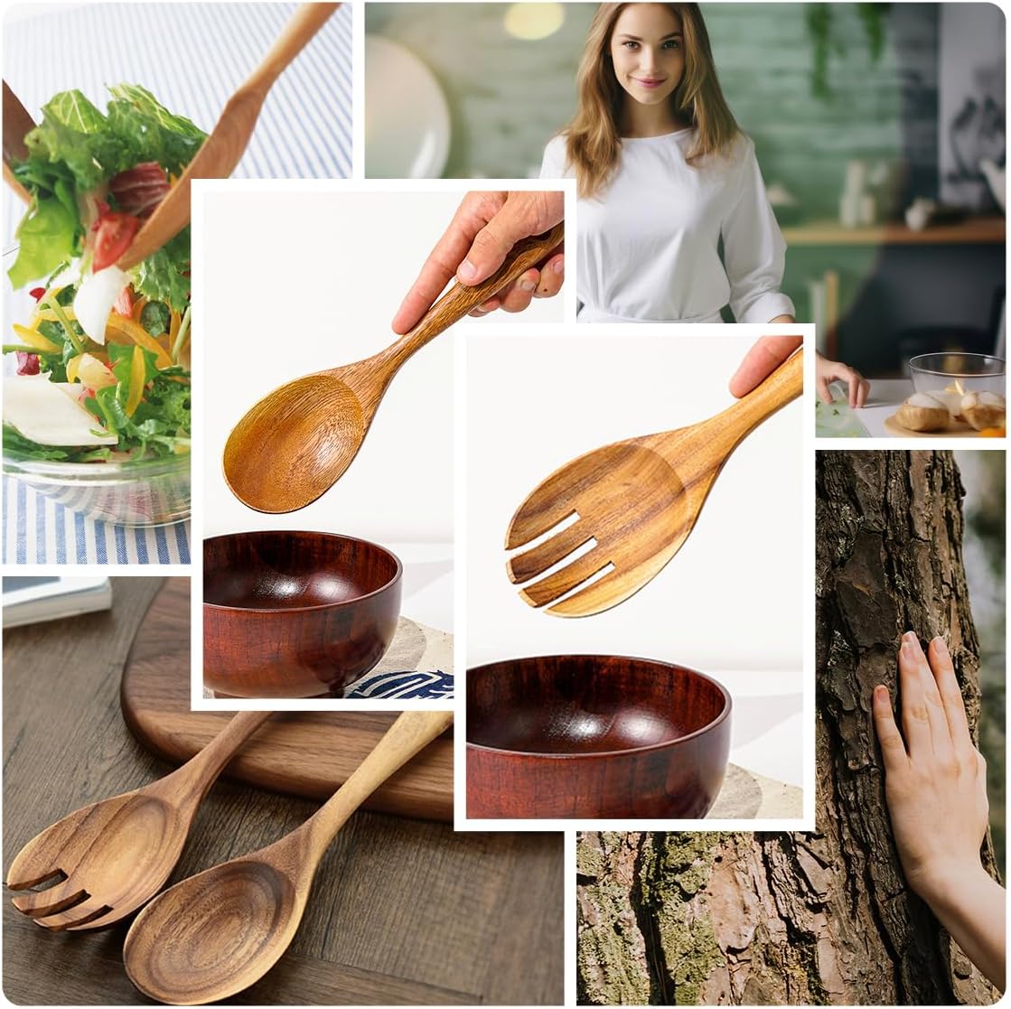 13-Inch Teak Wood Salad Spoon and Fork, Large Wooden Salad Serving Spoon and Spork Pack of 2, Teak Wooden Salad Serving Set, Country Rustic Salad Servers