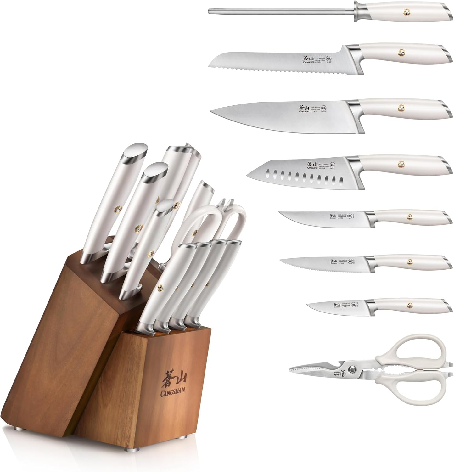 Cangshan L Series Knife Block Sets, Forged German Steel (12-Piece 4 Steak Knives, White)