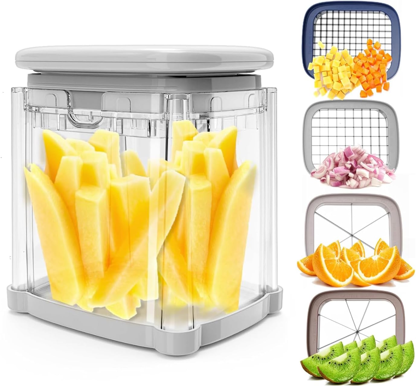 French Fry Cutter 4-in-1, Potato Cutter for Fries, Onion Dicer, Food Chopper & Apple Slicer – Manual Hand Vegetable Cutter with 4 Blades