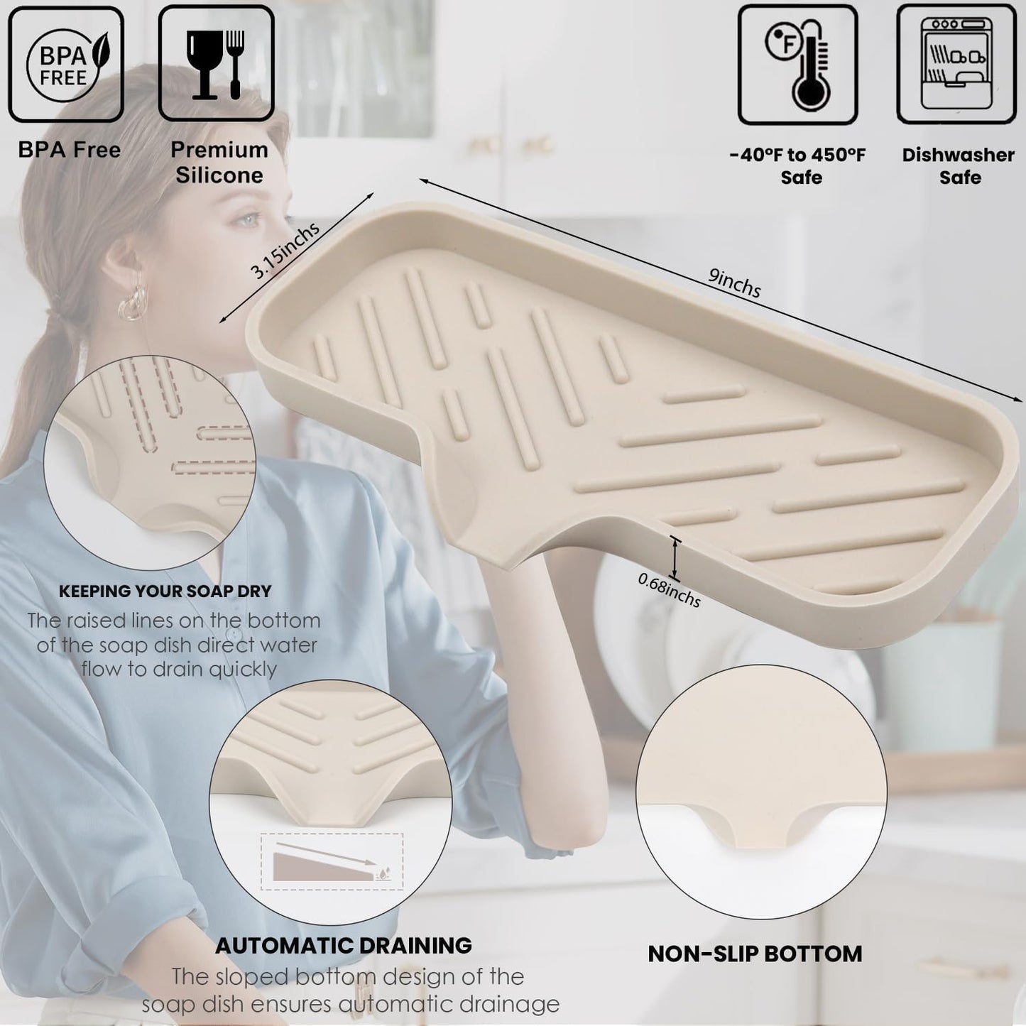 YASMEN Silicone Bathroom Soap Dishes, Sink Sponge Holder for Kitchen, Rubber Soap Dish with Drain, Shower Soap Sponge Tray, Sink or Counter Organizer, for Bar Soap, Bottle, Dish Soap Dispenser-Tapioca