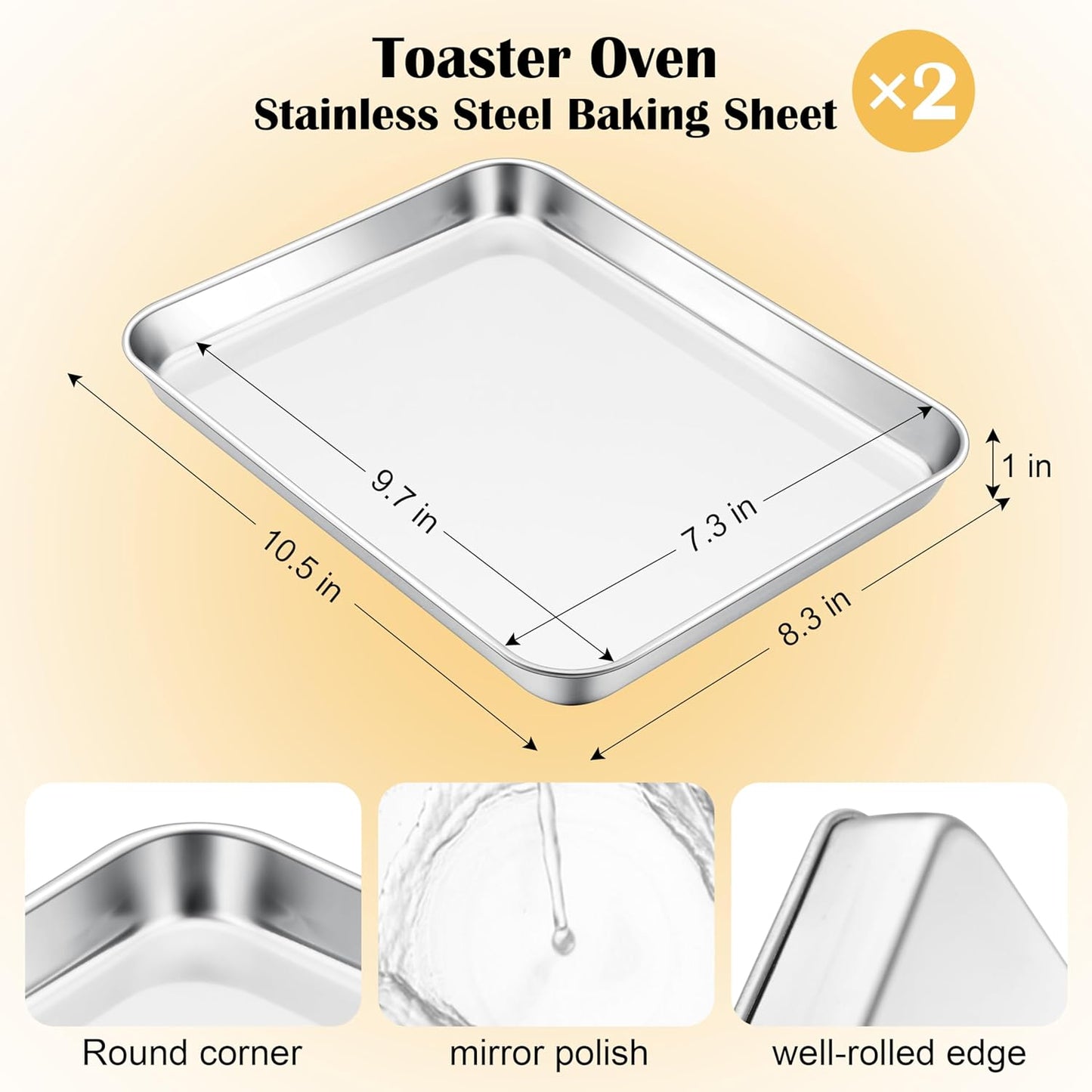 E-far Small Baking Sheet Set of 2, 10.5”x8.3” Stainless Steel Cookie Sheets Pans, Compact Non-toxic Metal Toaster Oven Trays for Cake, Healthy & Rust Free, Mirror Finish & Dishwasher Safe