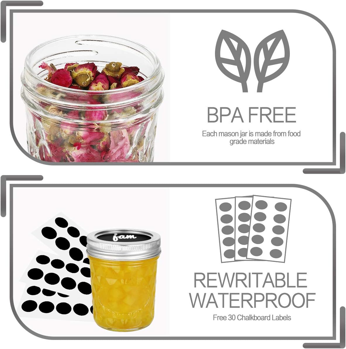 VERONES Mason Jars 6 OZ, 30 PACK 6oz Mason jars Canning Jars Jelly Jars With Lids, Ideal for Jam, Honey, Wedding Favors, Shower Favors