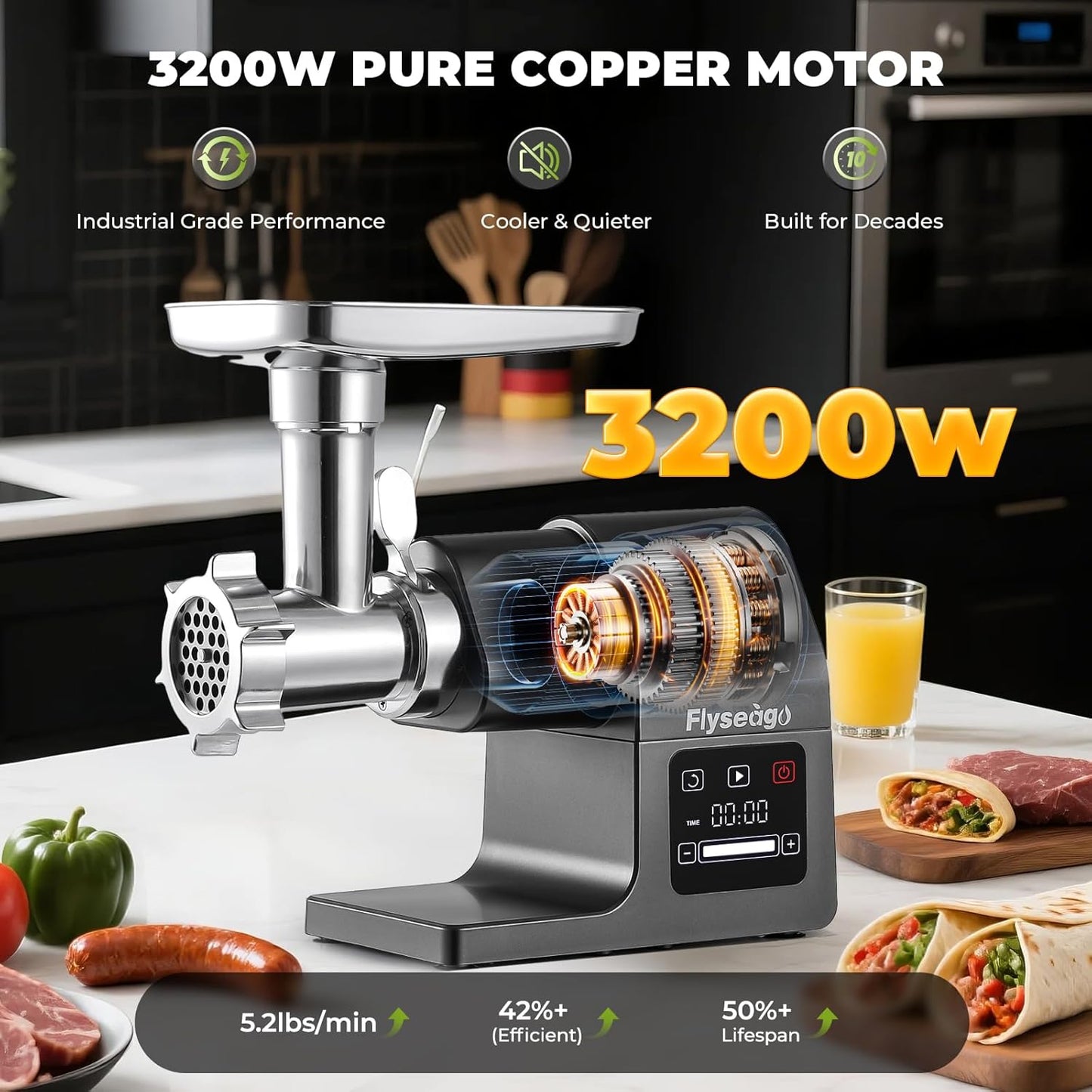 Meat Grinder Electric 3200w Digital Touch Control Commercial Heavy Duty Meat Grinder and Sausage Stuffers, Kubbe Kit for Household Use & Commercial