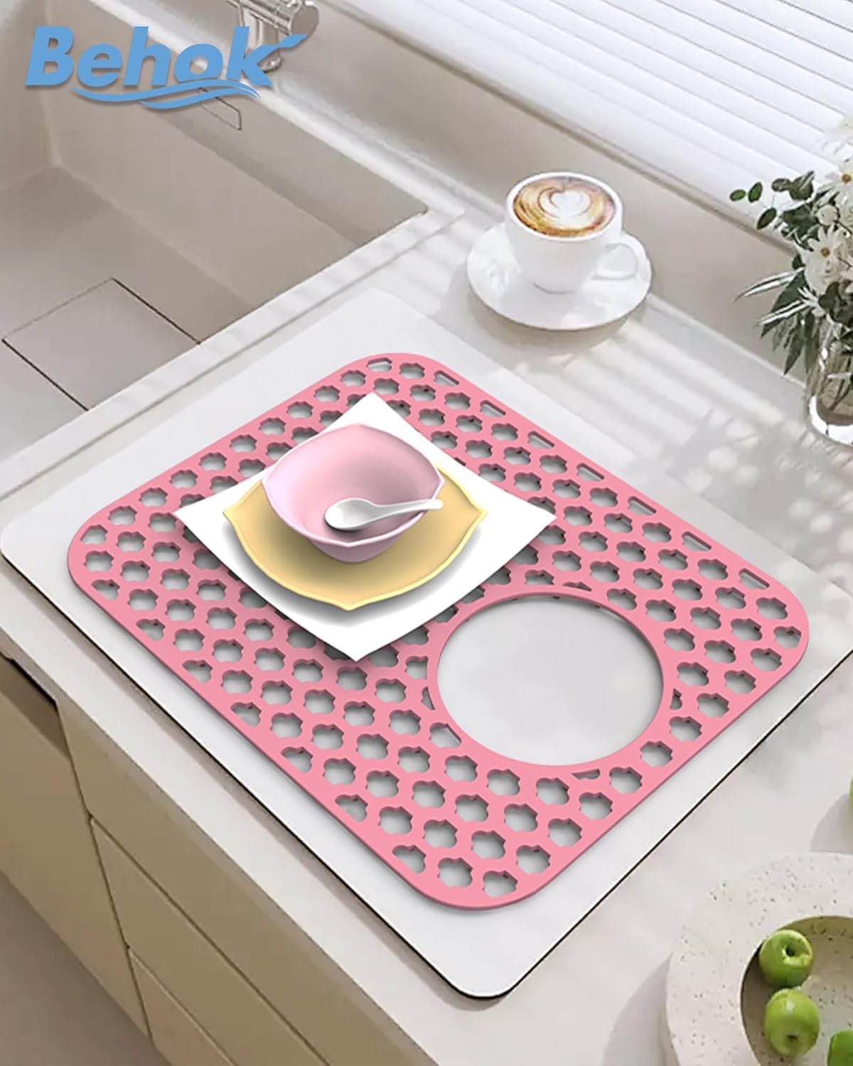 2 Pack Silicone Sink Protector for Kitchen Sink Bathroom, 13.58"x 11.6" Sink Mat Non-Slip and Durable Silicone Protectors, Rear Drain, Pink