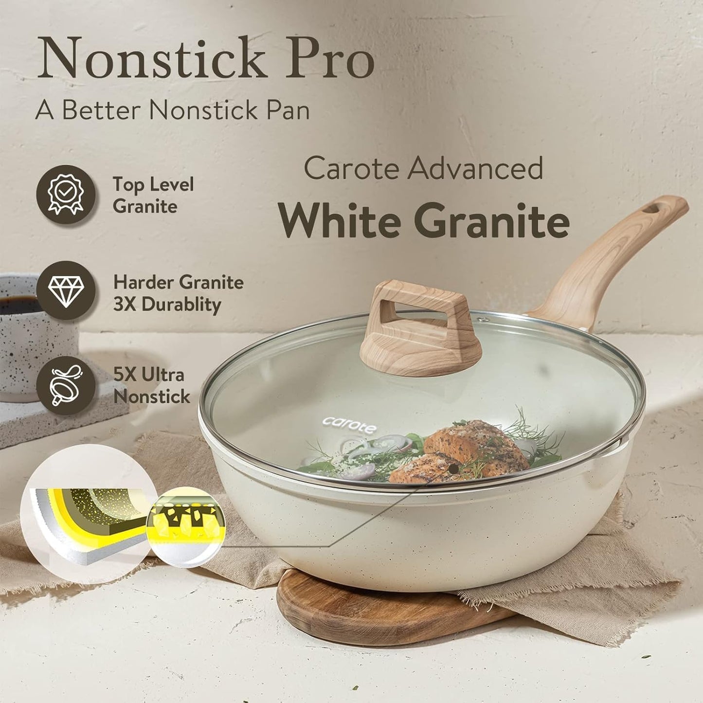 CAROTE 10Inch Nonstick Deep Frying Pan with Lid, 4.5Qt Jumbo Cooker Saute Pan with Pour Spout, Skillet Induction Cookware, Non Stick Cooking Pan Kitchen Pan PFOA Free, White Granite
