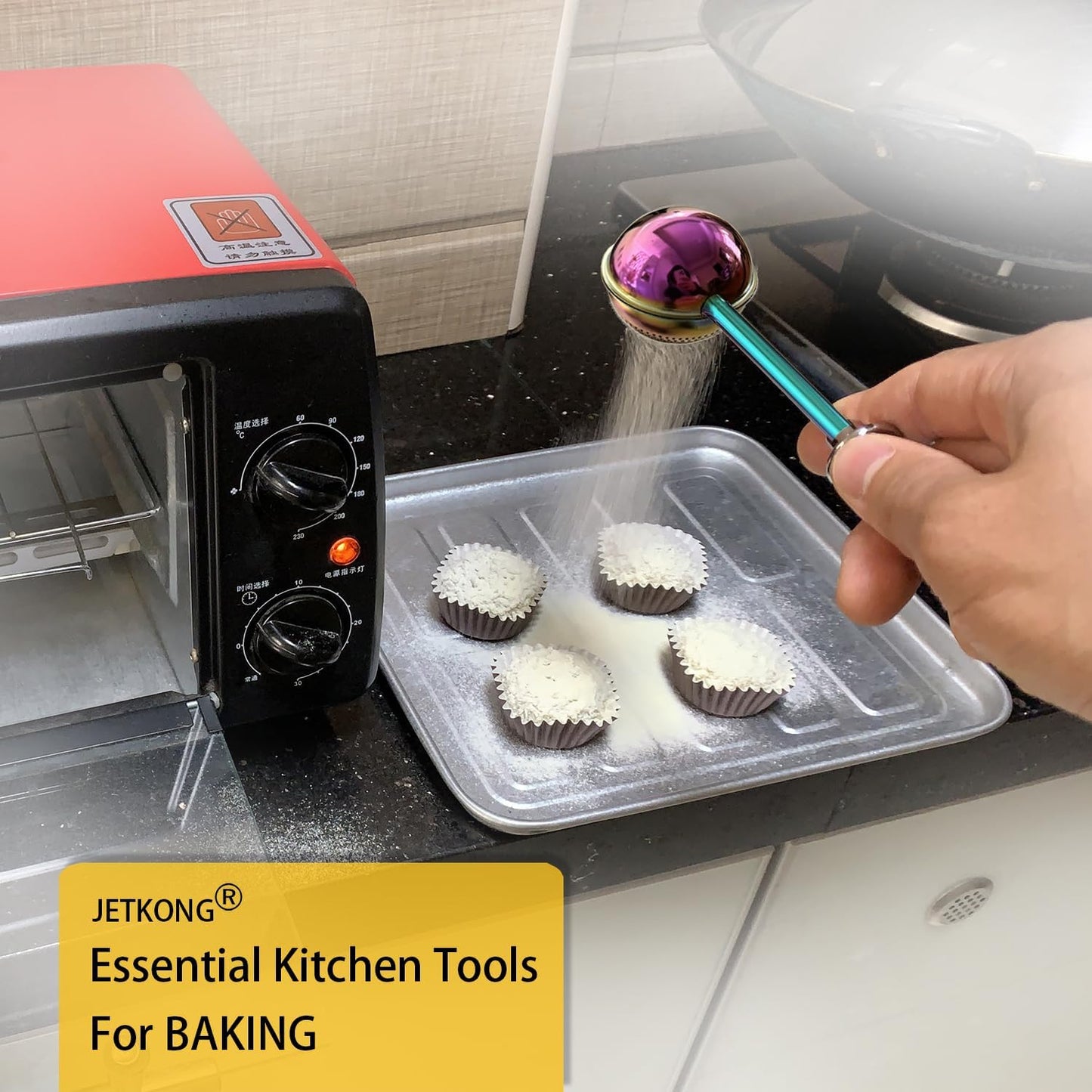 JETKONG Powdered Sugar Shaker Duster Flour Dispenser Shaker with 18/8 Stainless Steel Spring-operated Handle for Sugar Flour and Spices (Rainbow)