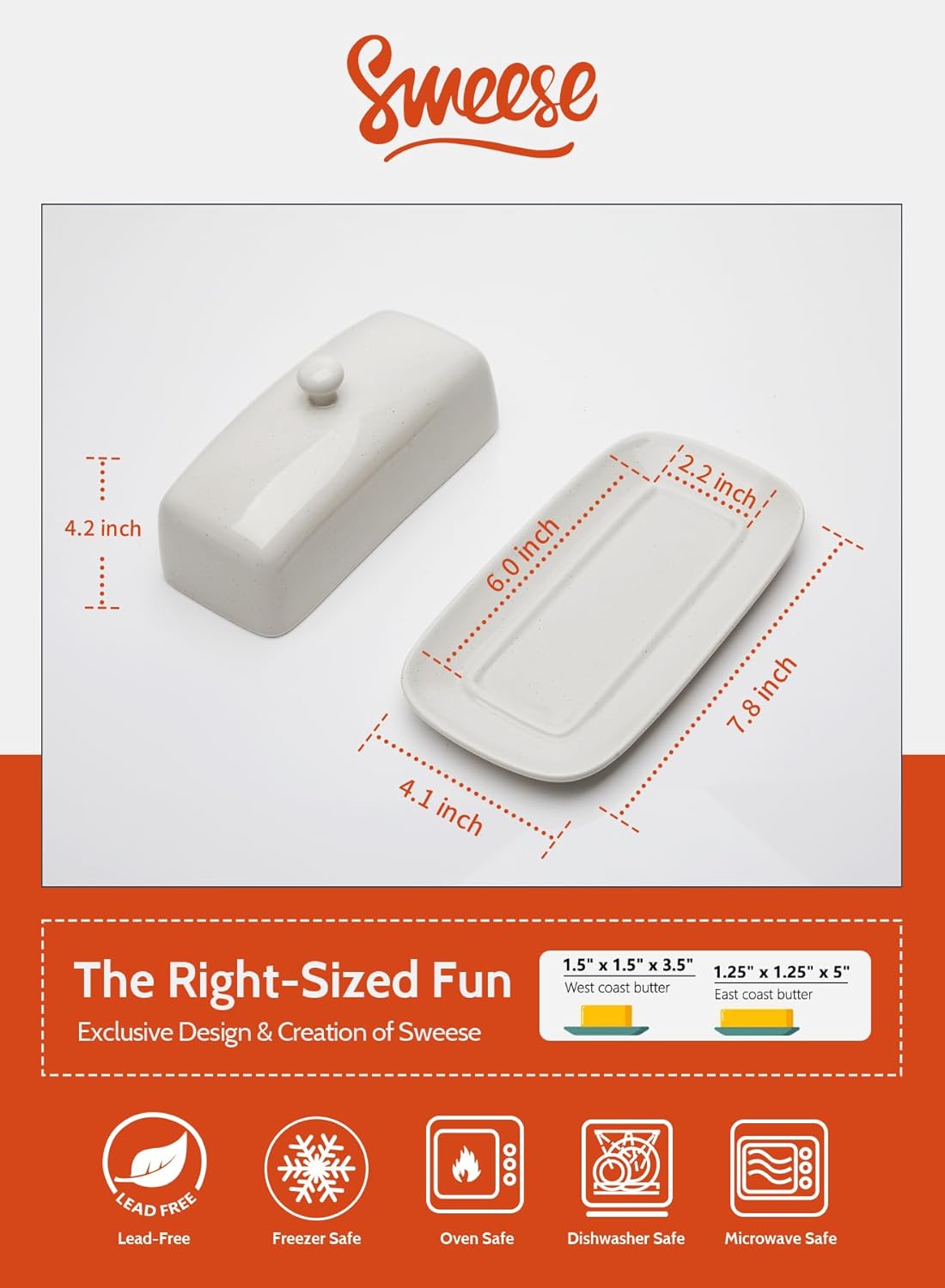 Sweese Butter Dish with Lid, Porcelain Butter Keeper, 7.8 Inch Butter Holder with Handle Cover, Butter Container Perfect for East West Coast Butter, Light Gray